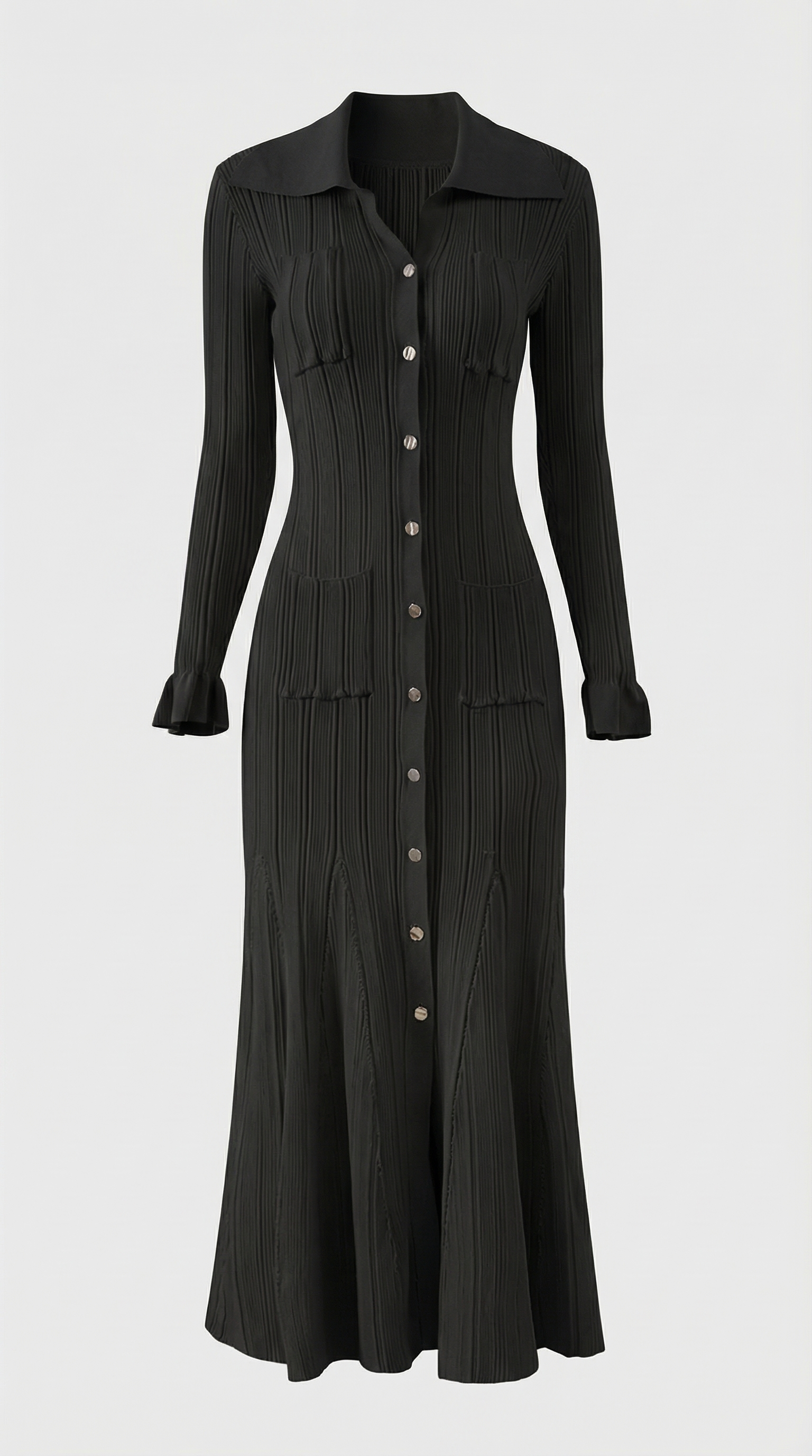 Kena - Geripptes Strickhemd mit Knopfleiste Midi-Kleid Schwarz
