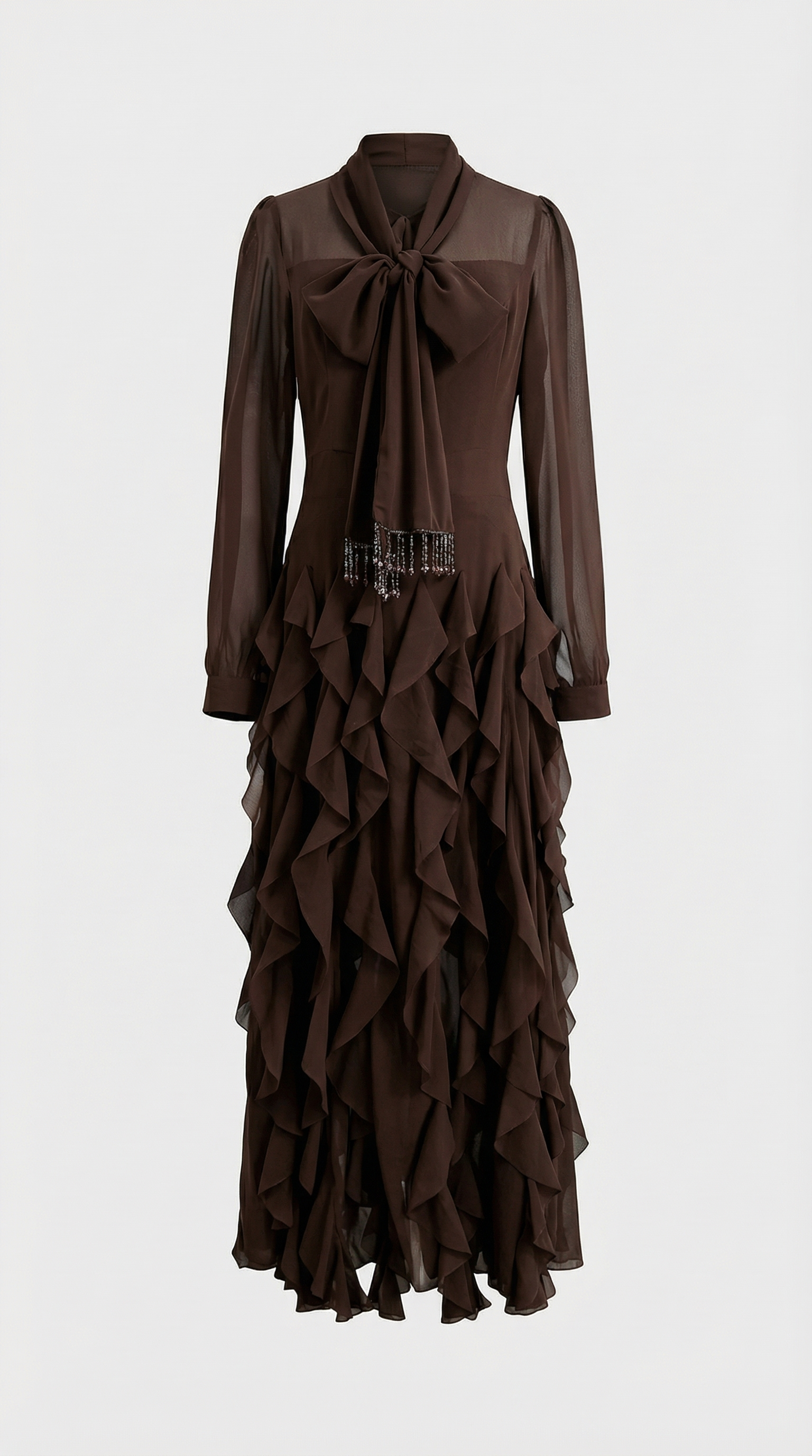 Zola - Robe longue à volants étagés et lavallière marron