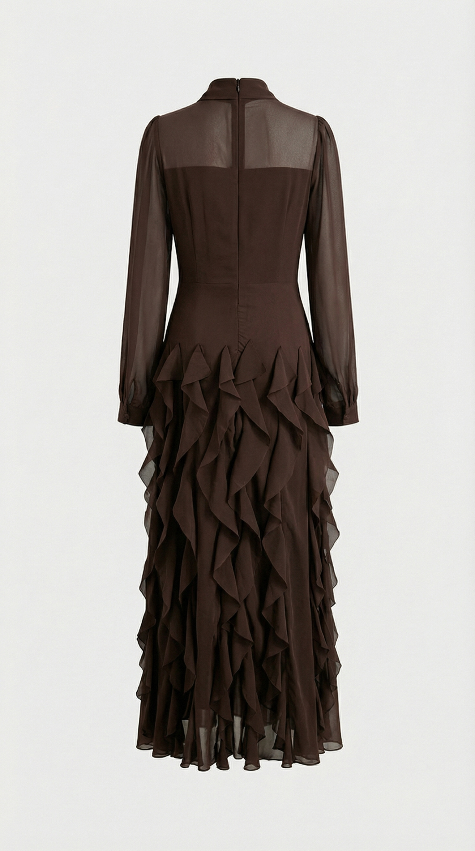 Zola - Robe longue à volants étagés et lavallière marron