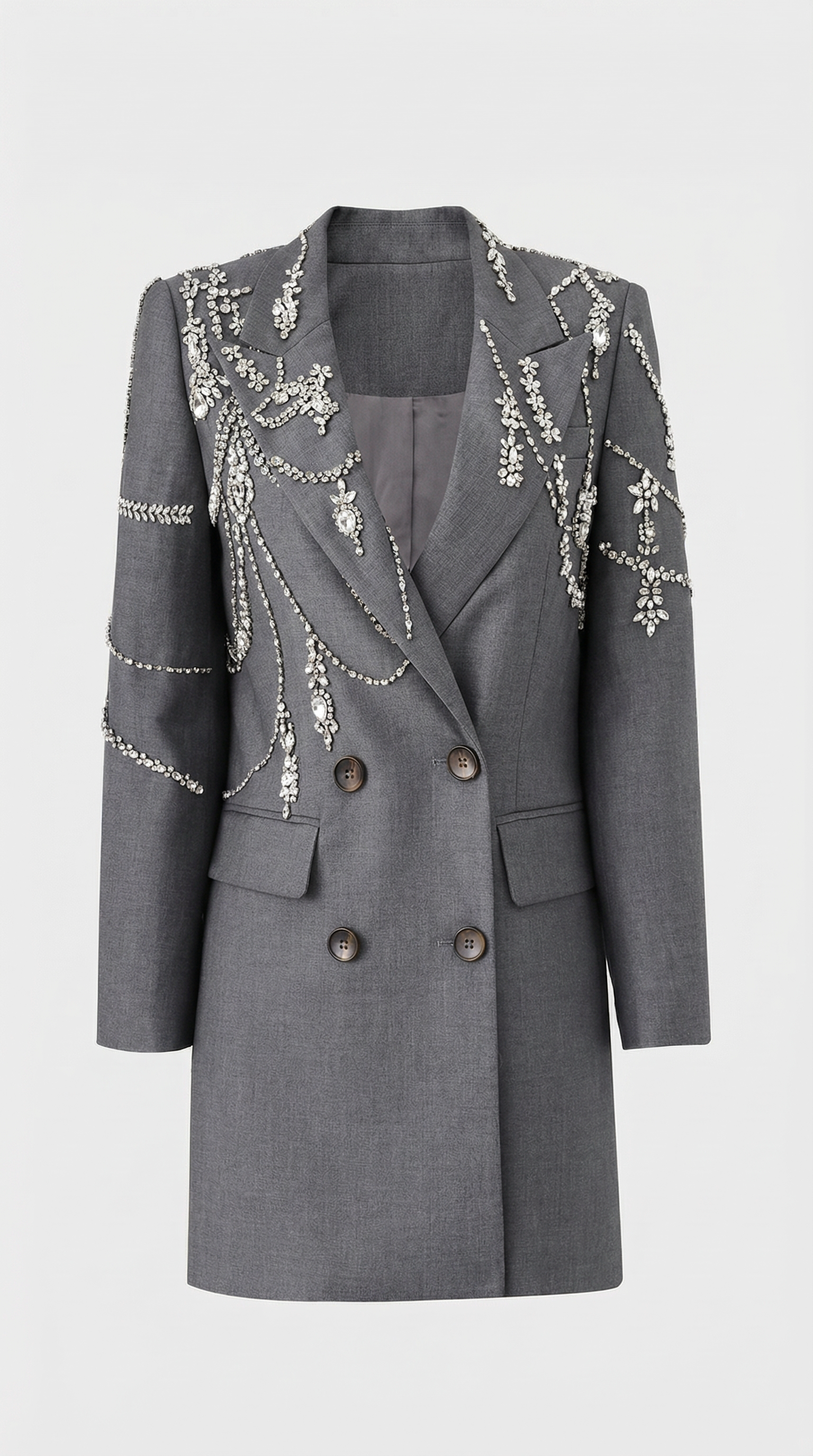 Veno - Robe Blazer Croisée Double-Breasted Draperie de Cristaux Grise