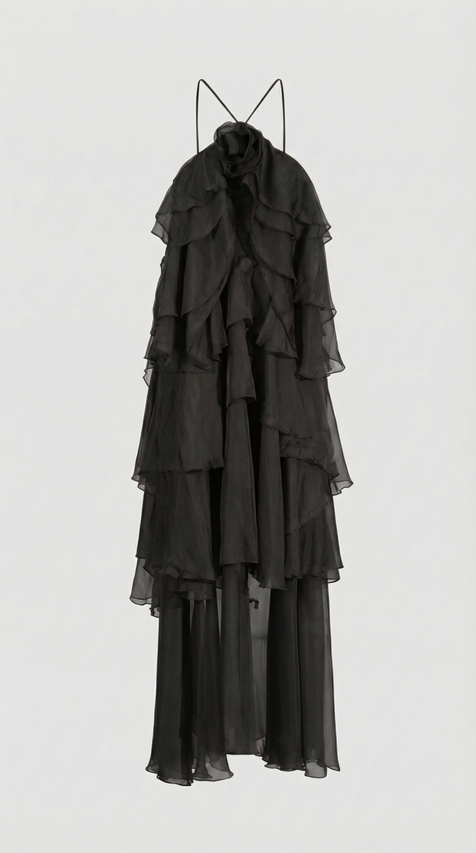 Zeli - Vestido maxi halter con volantes en capas negro