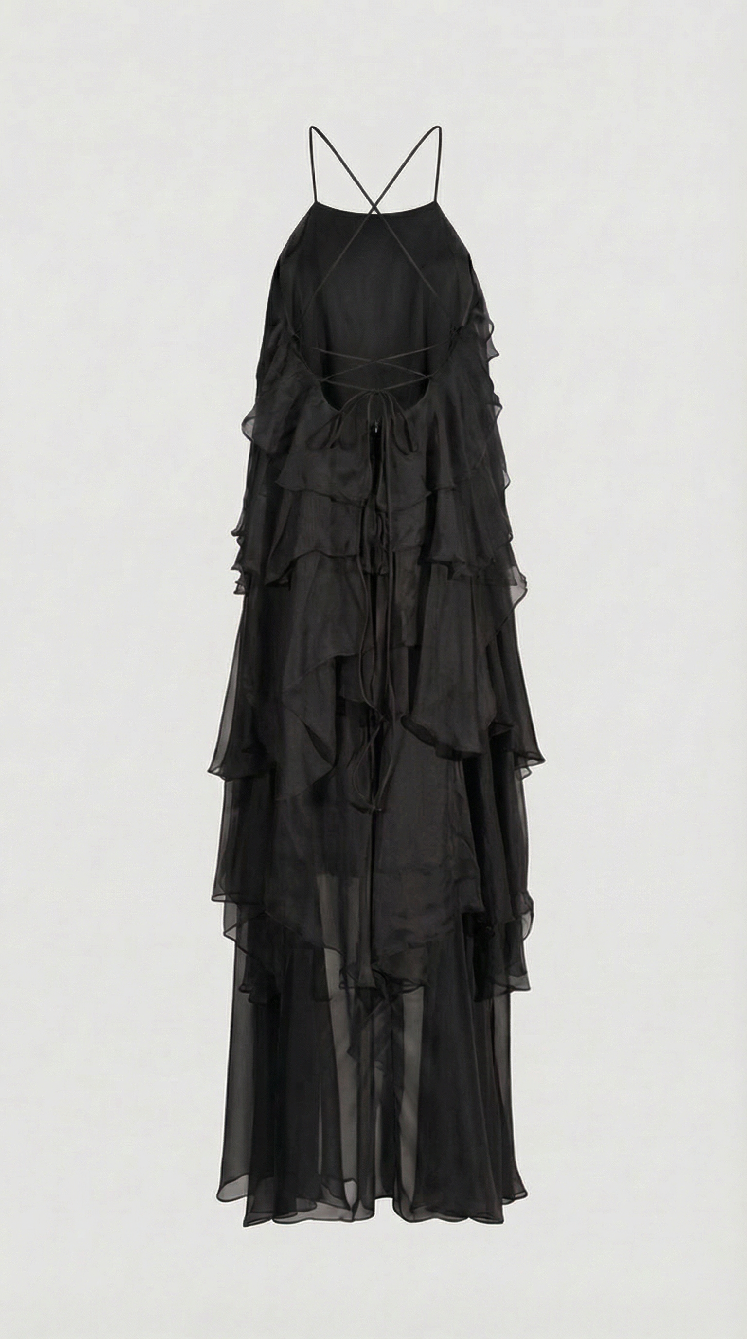Zeli - Vestido maxi halter con volantes en capas negro
