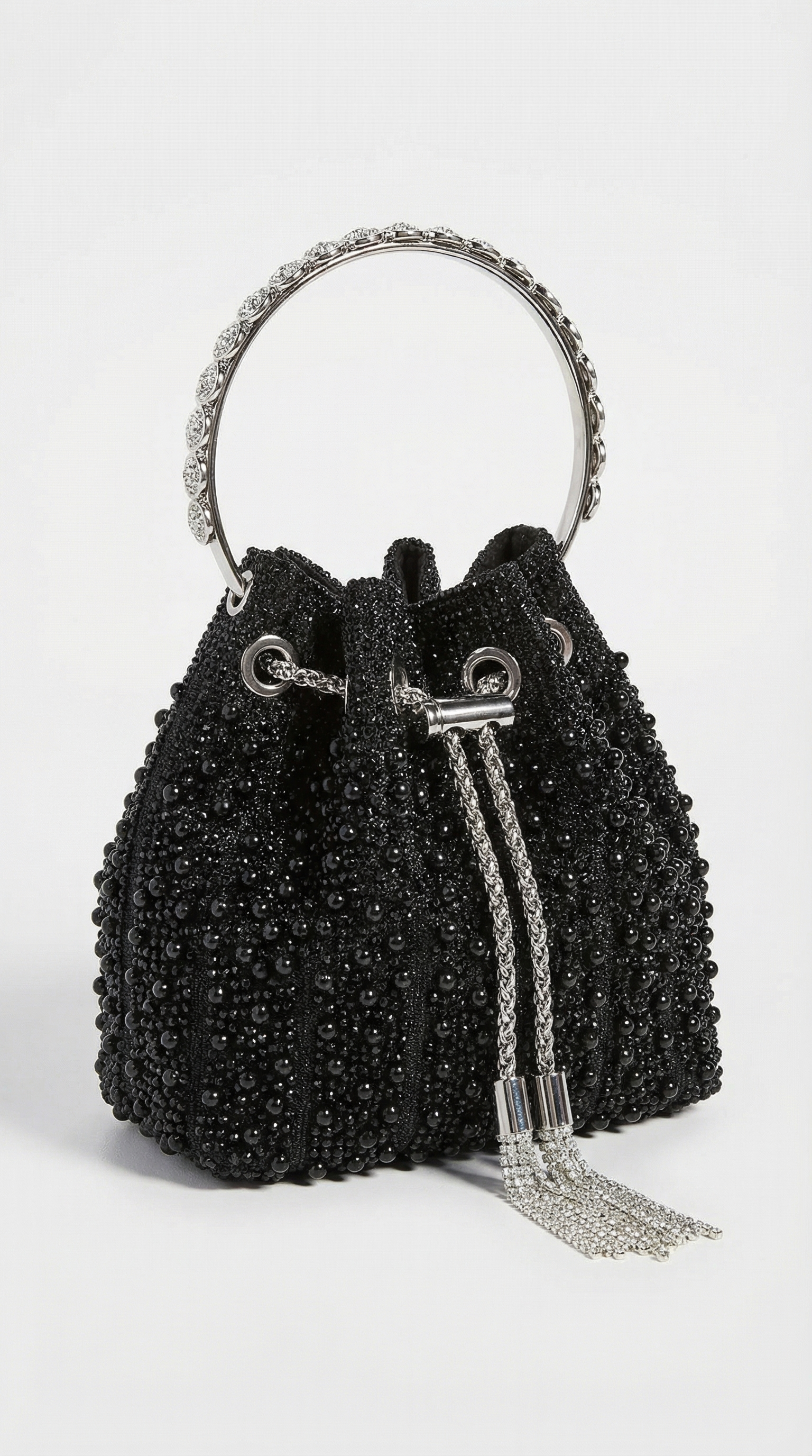 Esla - Pearl & Crystal-Embellished Drawstring Bucket Bag Black