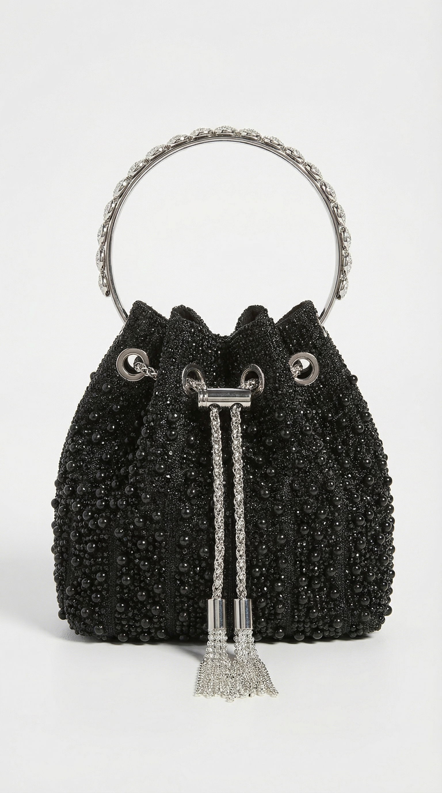 Esla - Pearl & Crystal-Embellished Drawstring Bucket Bag Black