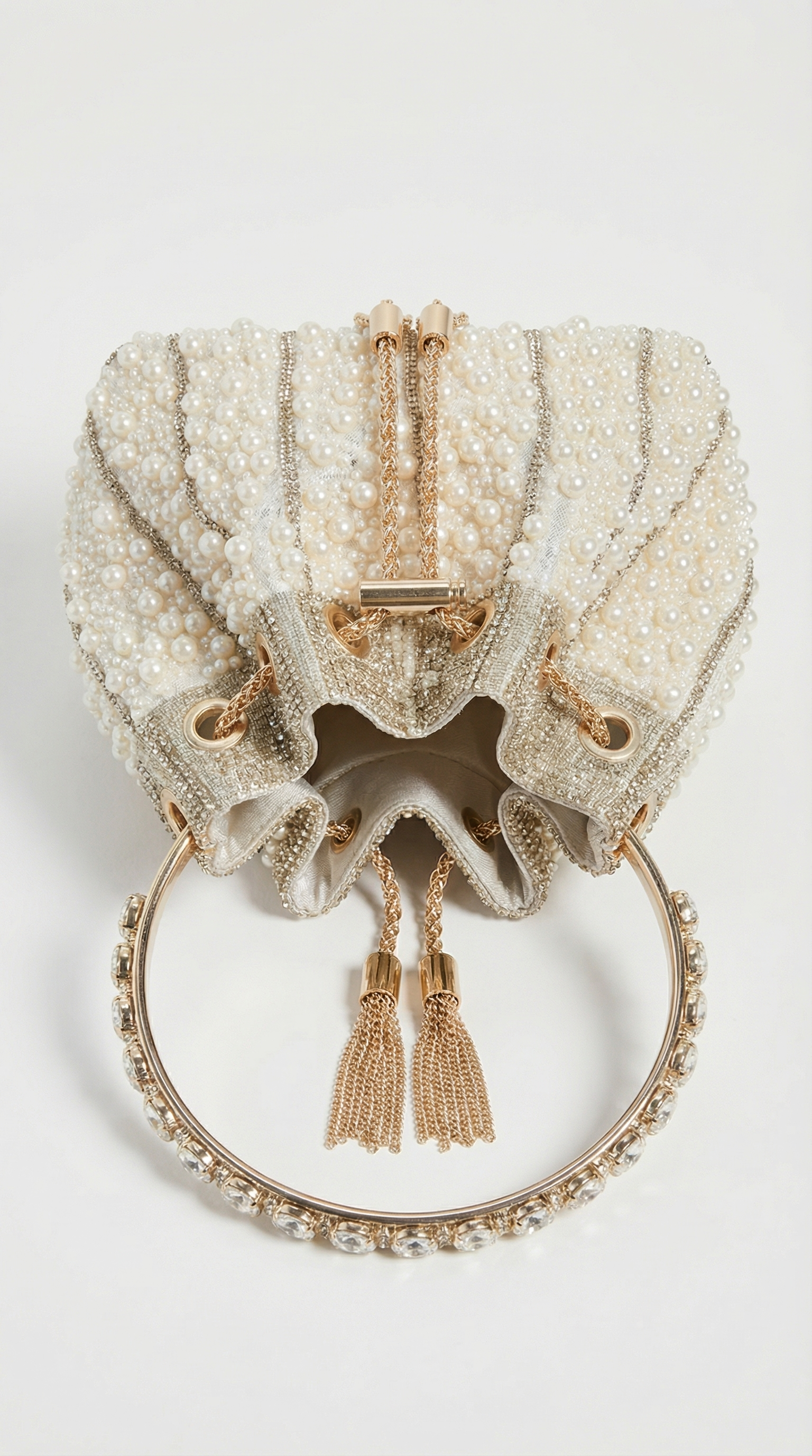 Esla - Pearl & Crystal-Embellished Drawstring Bucket Bag Beige