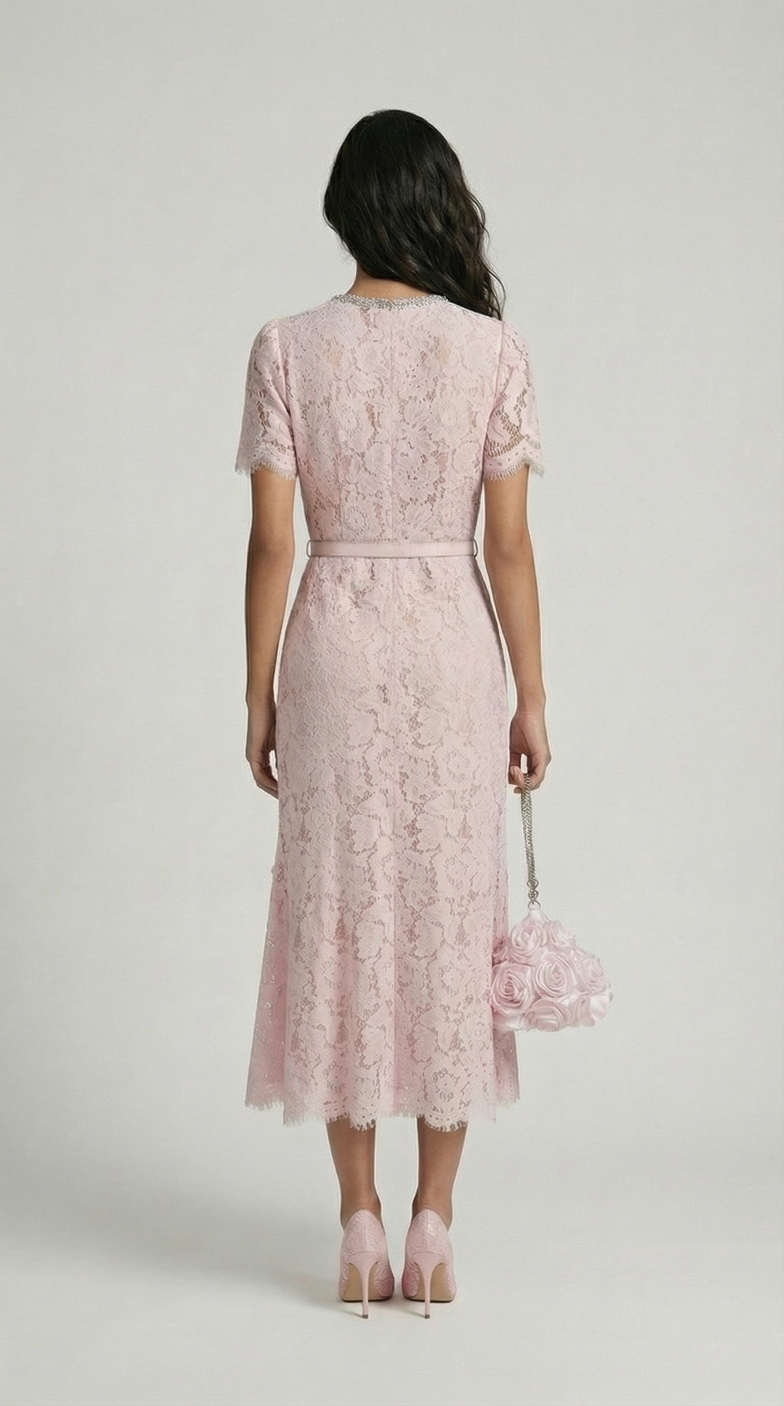 نوري - فستان سهرة أنيق بديل دانتيل وردي بذيل سمكة