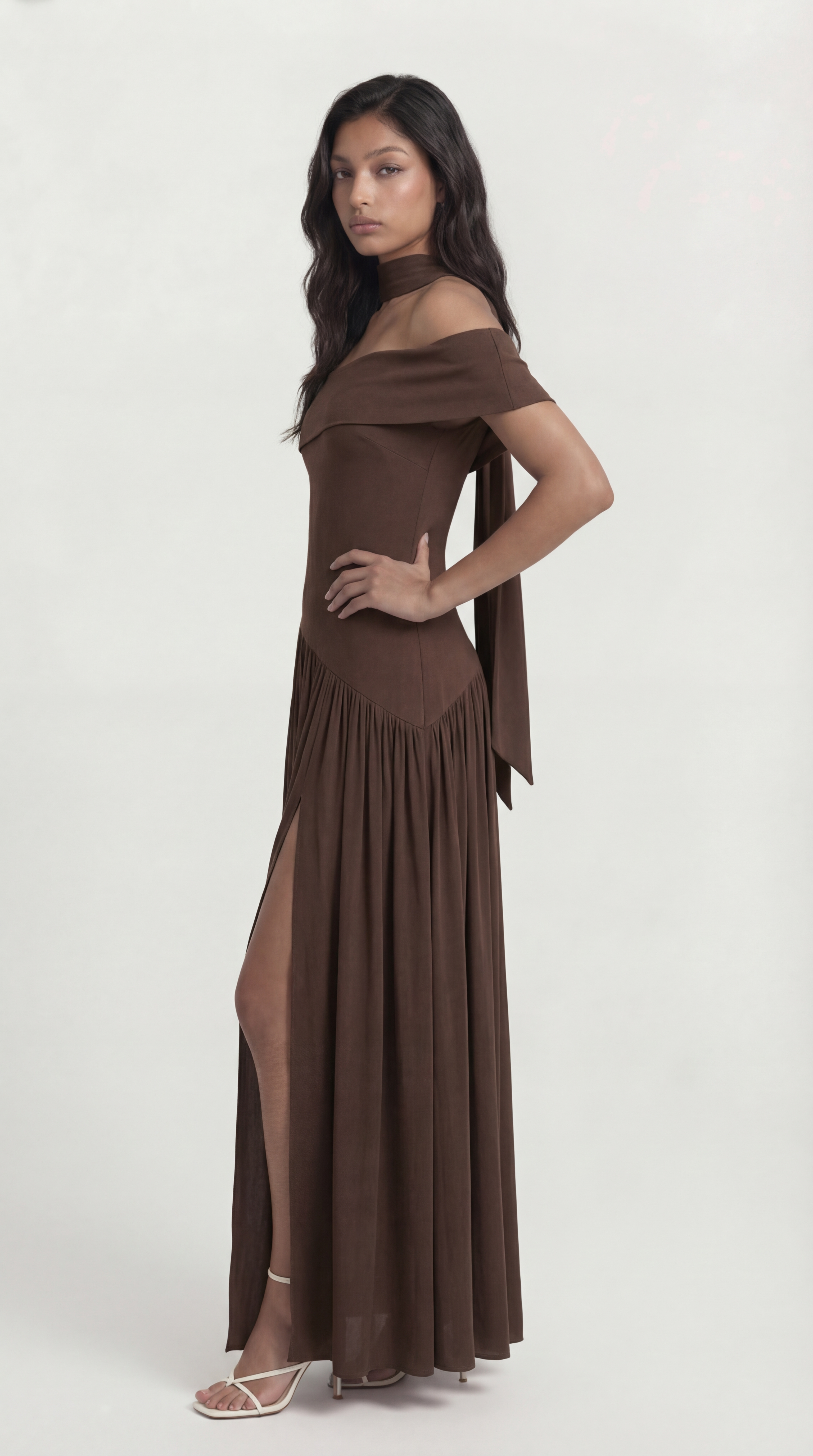 Fleur - Strapless Dress with Extravagant High Slit Brown