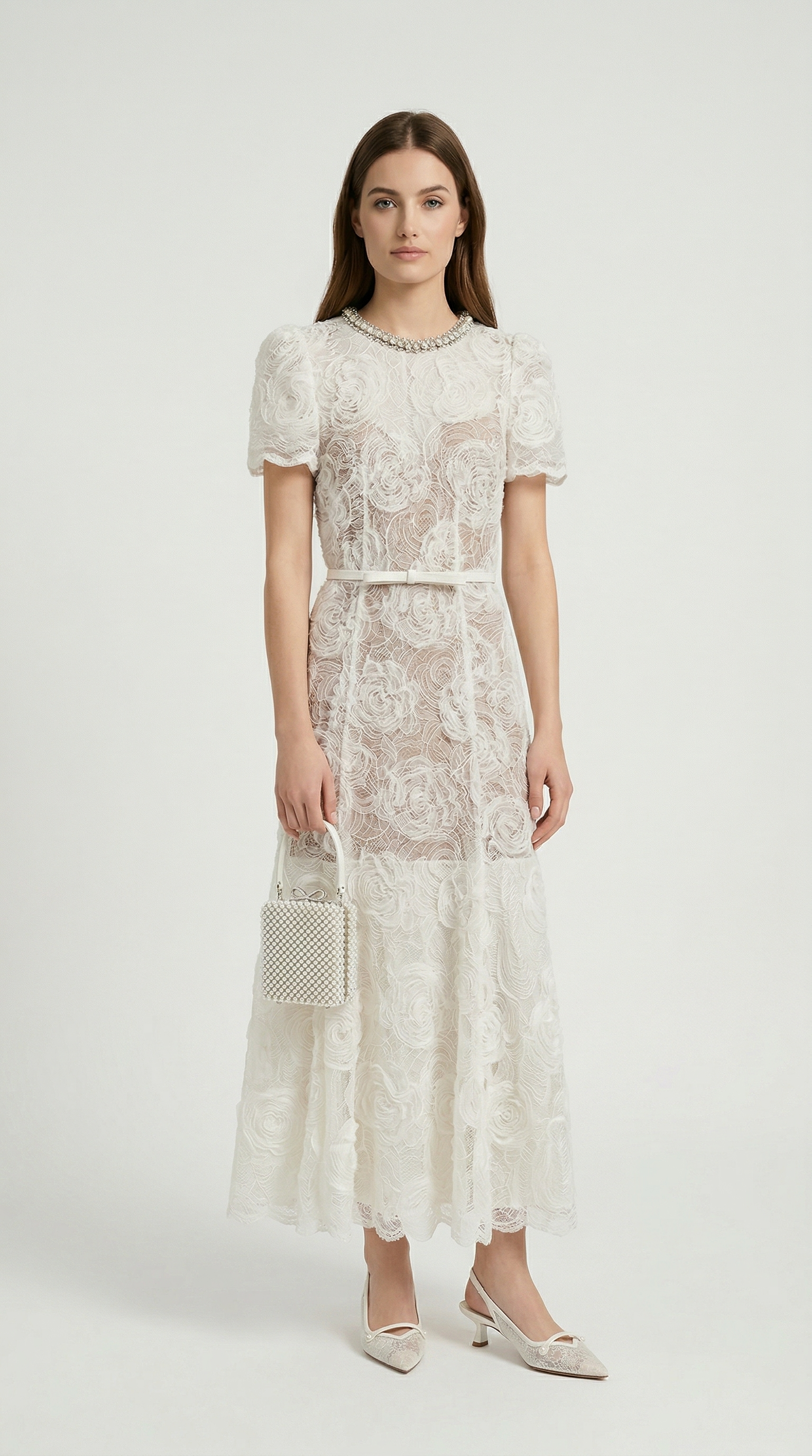 Tula - Rose Lace Maxi Dress with Crystal Neckline