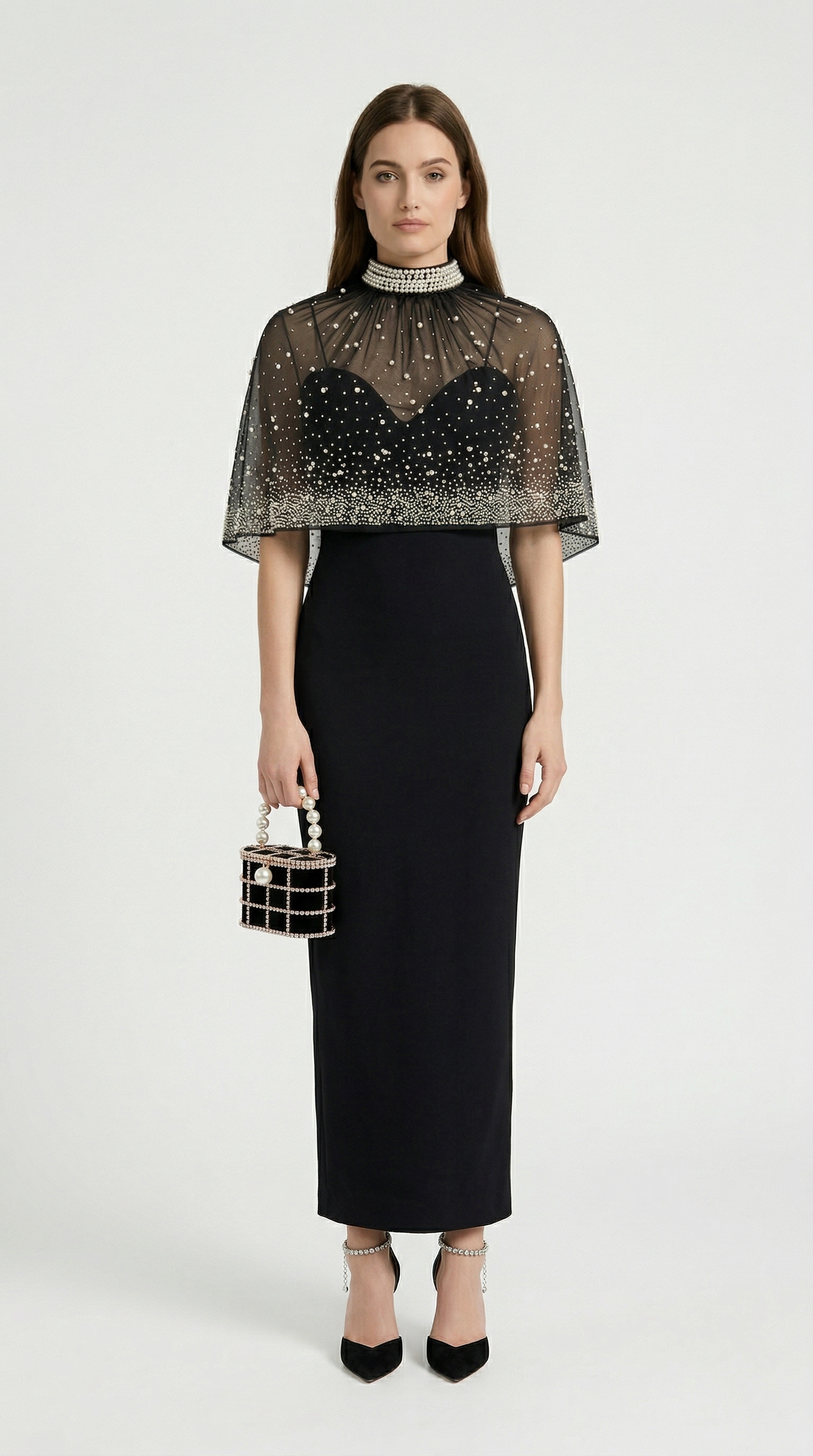 Kami - Pearl-Embellished Cape Maxi Dress