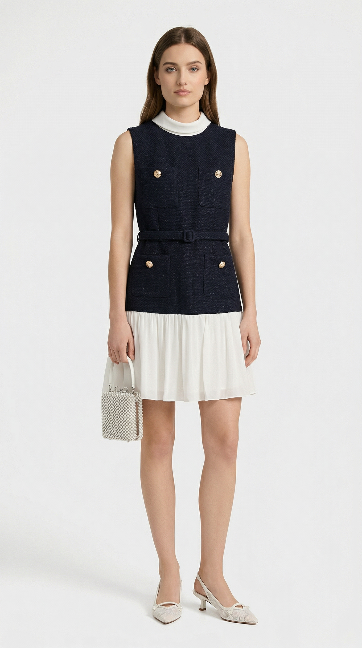 Bora - Belted Tweed & Pleated Chiffon Dress