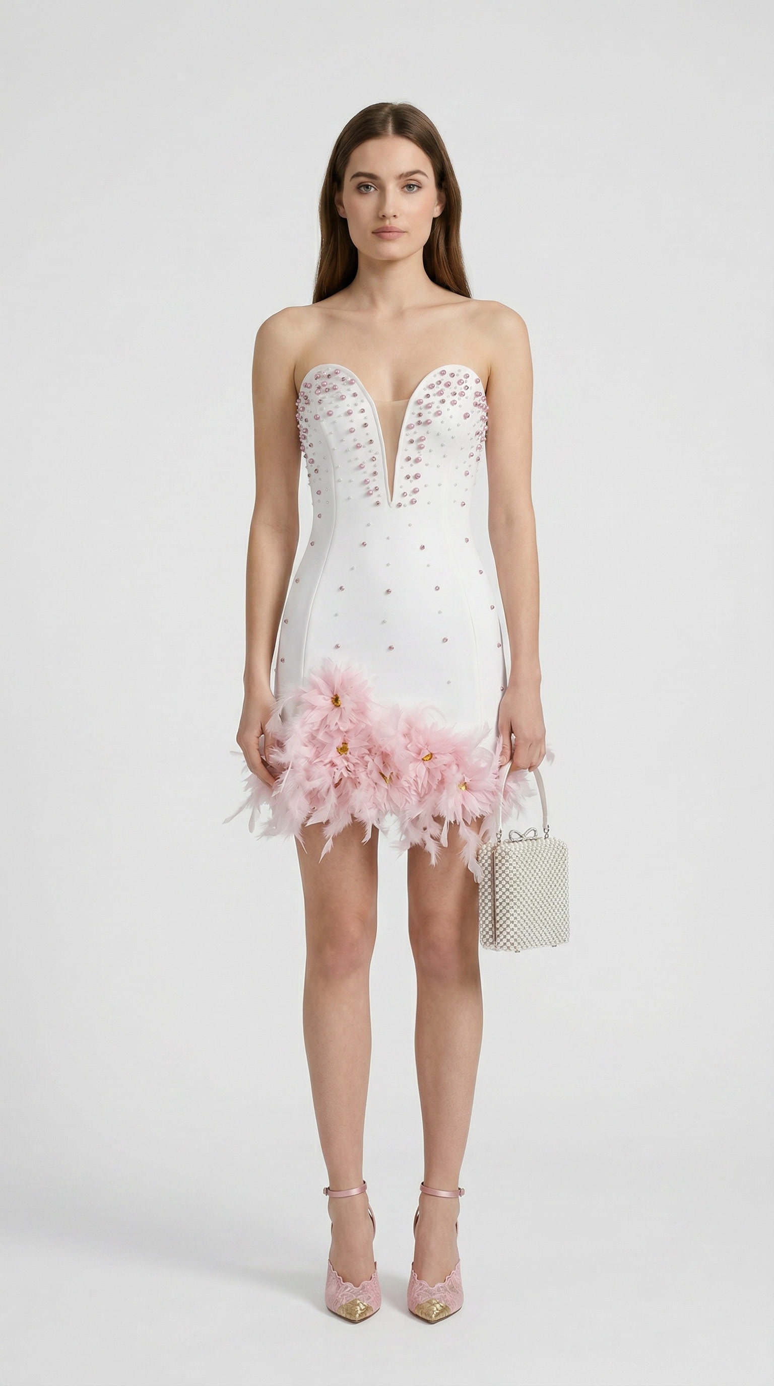Bless - Pearl-Embellished Feather Hem Mini Dress