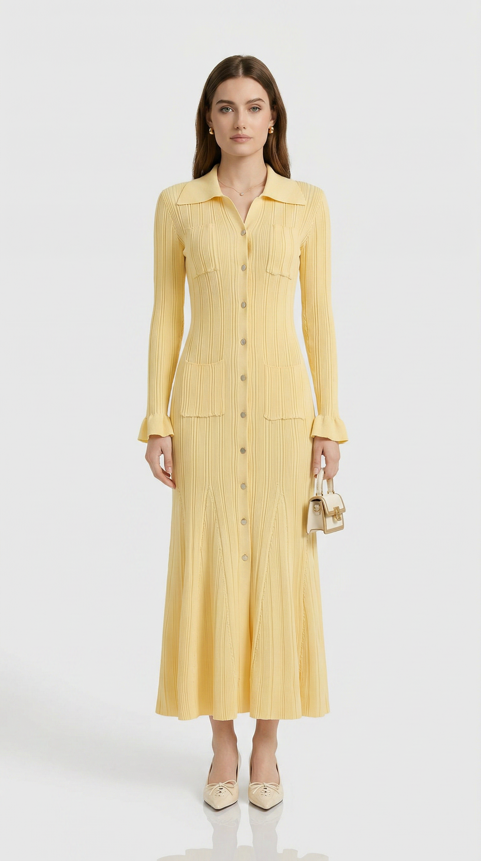 Kena - Ribbed Knit Button-Down Midi Dress Yellow
