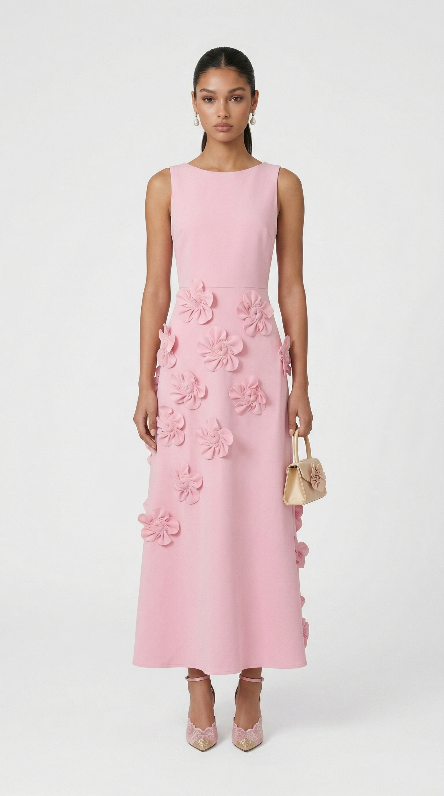 Dotta - 3D Floral Appliqué Sleeveless Maxi Dress Pink