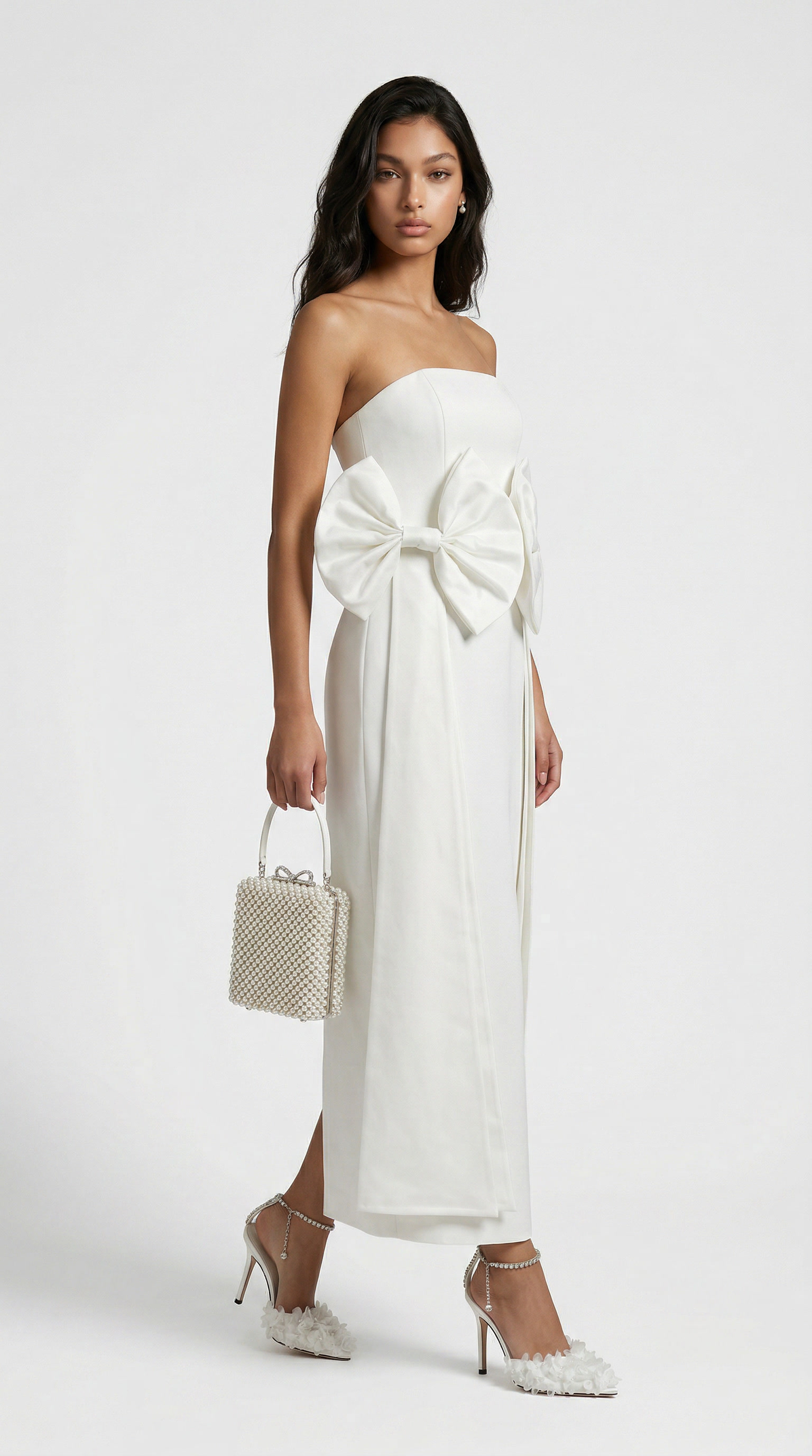 Keli - Double-Bow Strapless Column Maxi Dress White