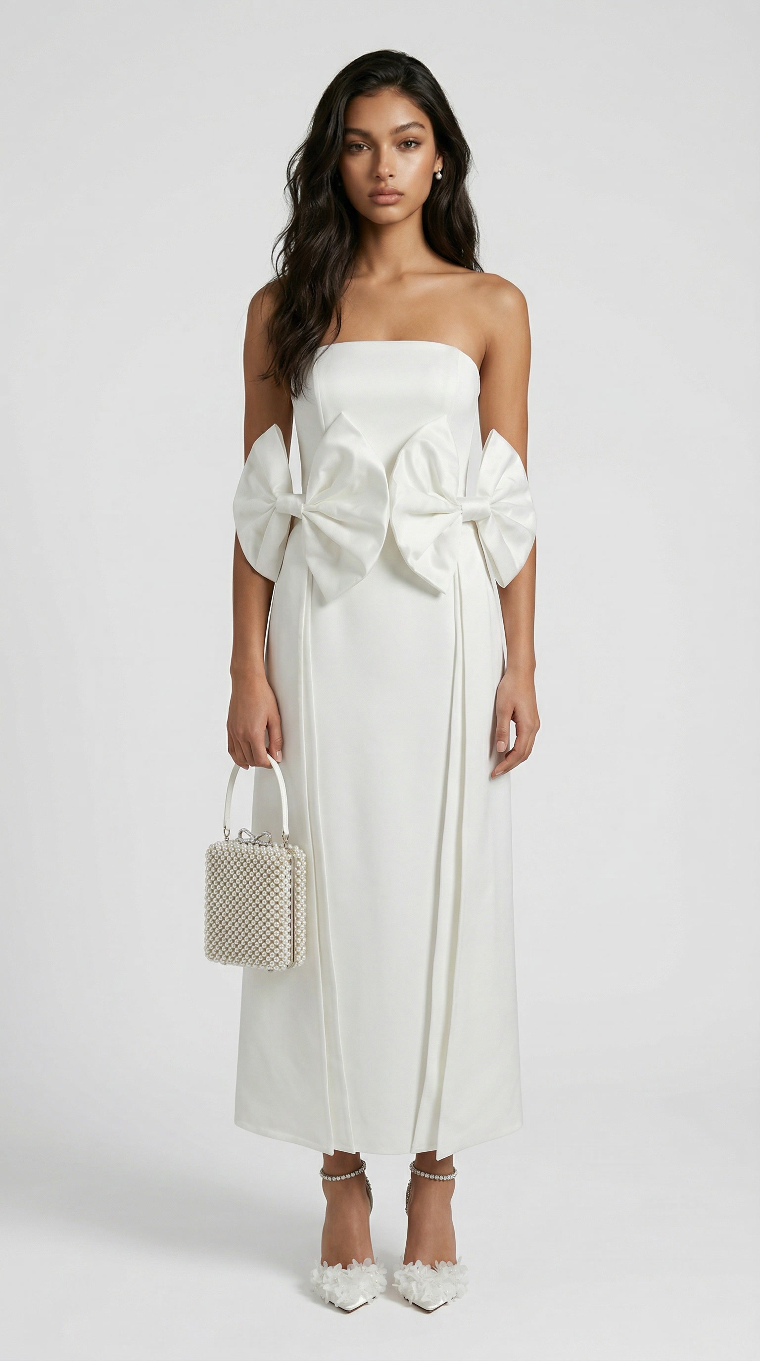 Keli - Triple-Bow Strapless Column Maxi Dress White