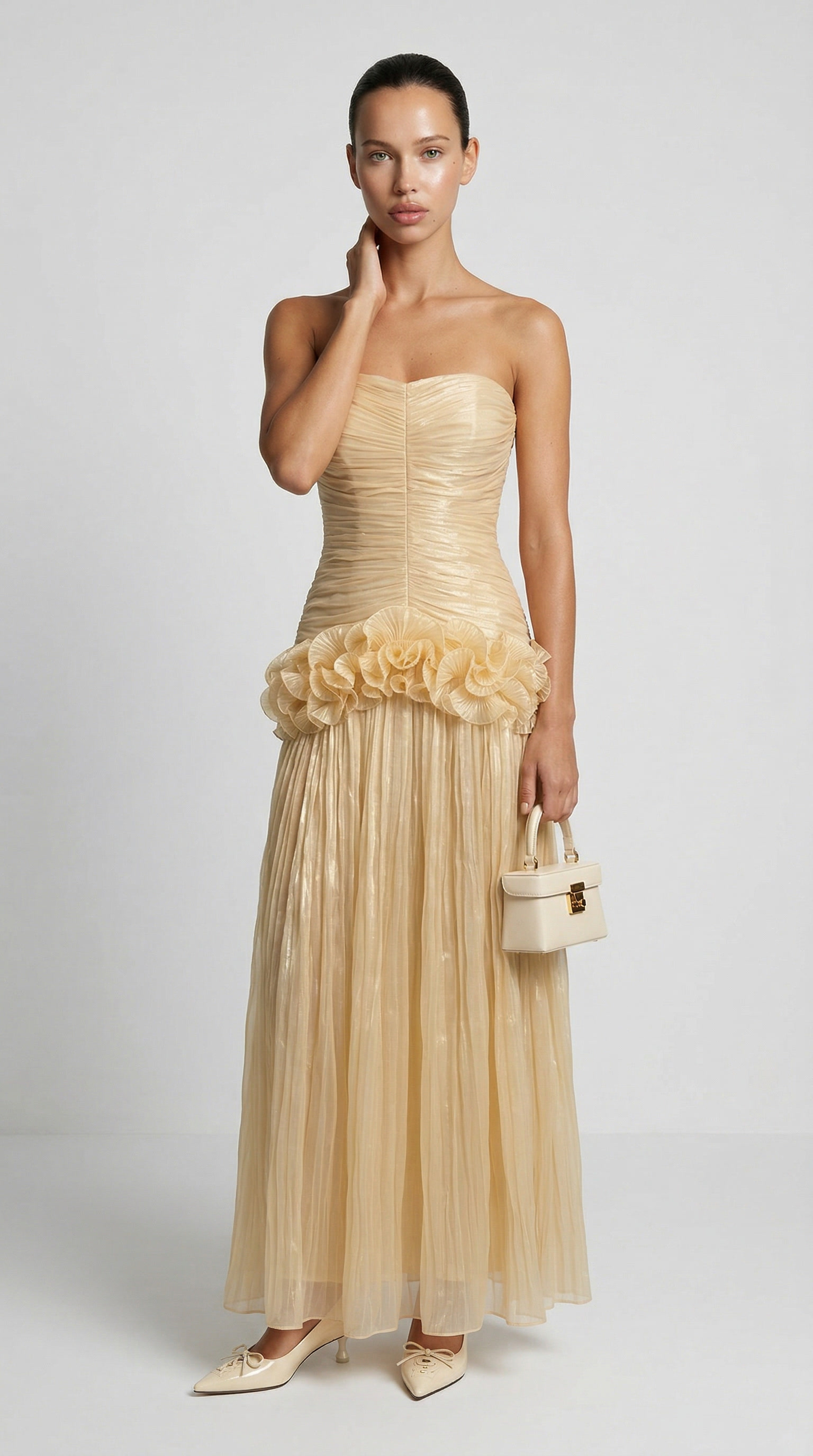Miri - Metallic Pleated Strapless Maxi Dress Yellow
