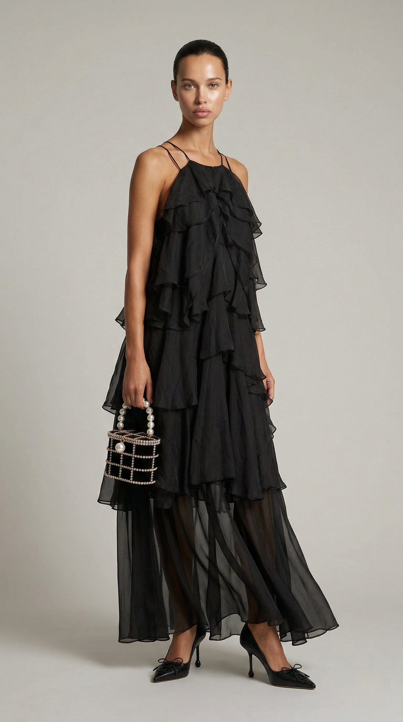 Zeli - Tiered Ruffle Halter Maxi Dress Black