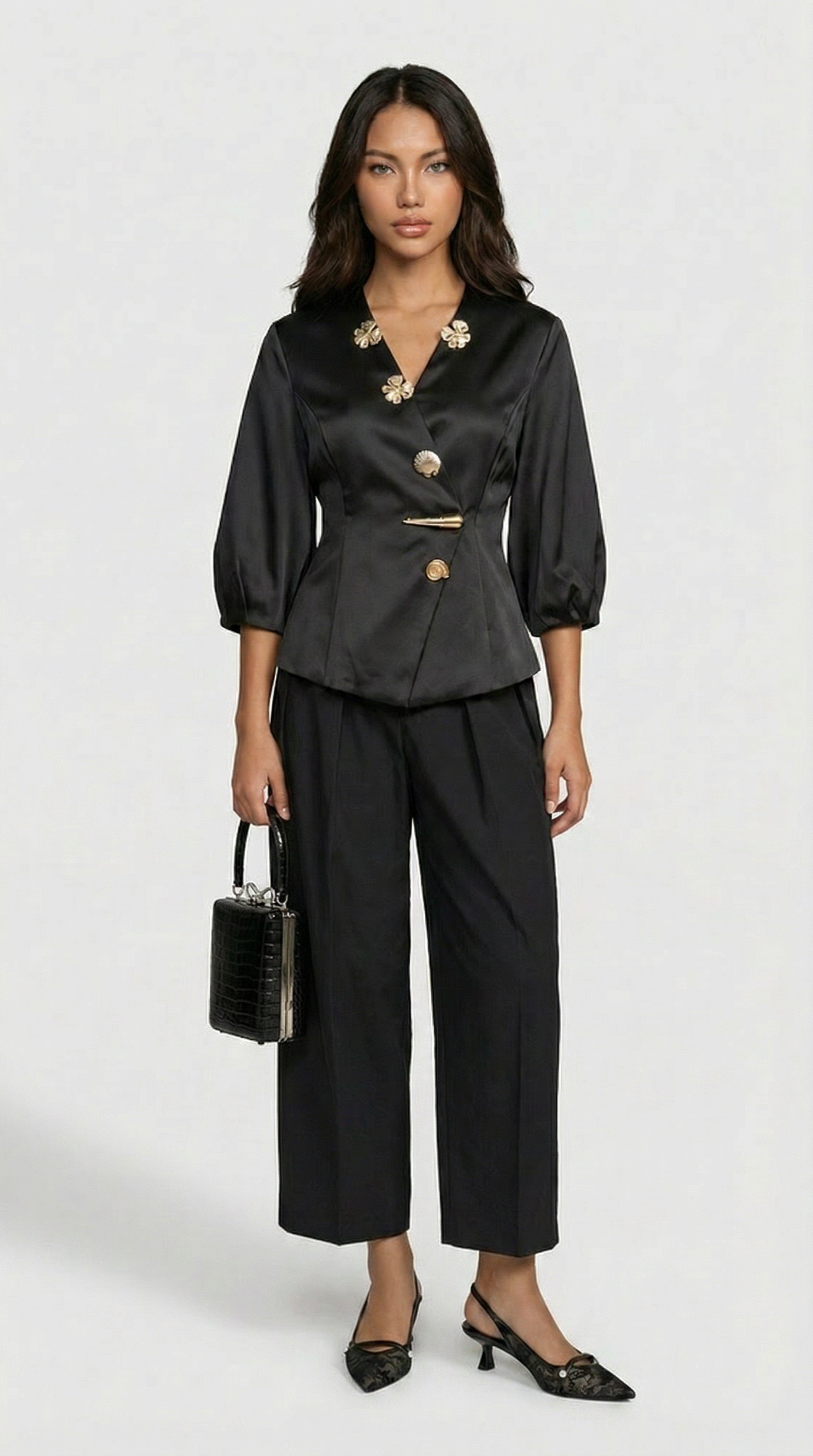 Keni - Metal-Button Puff-Sleeve Top Black