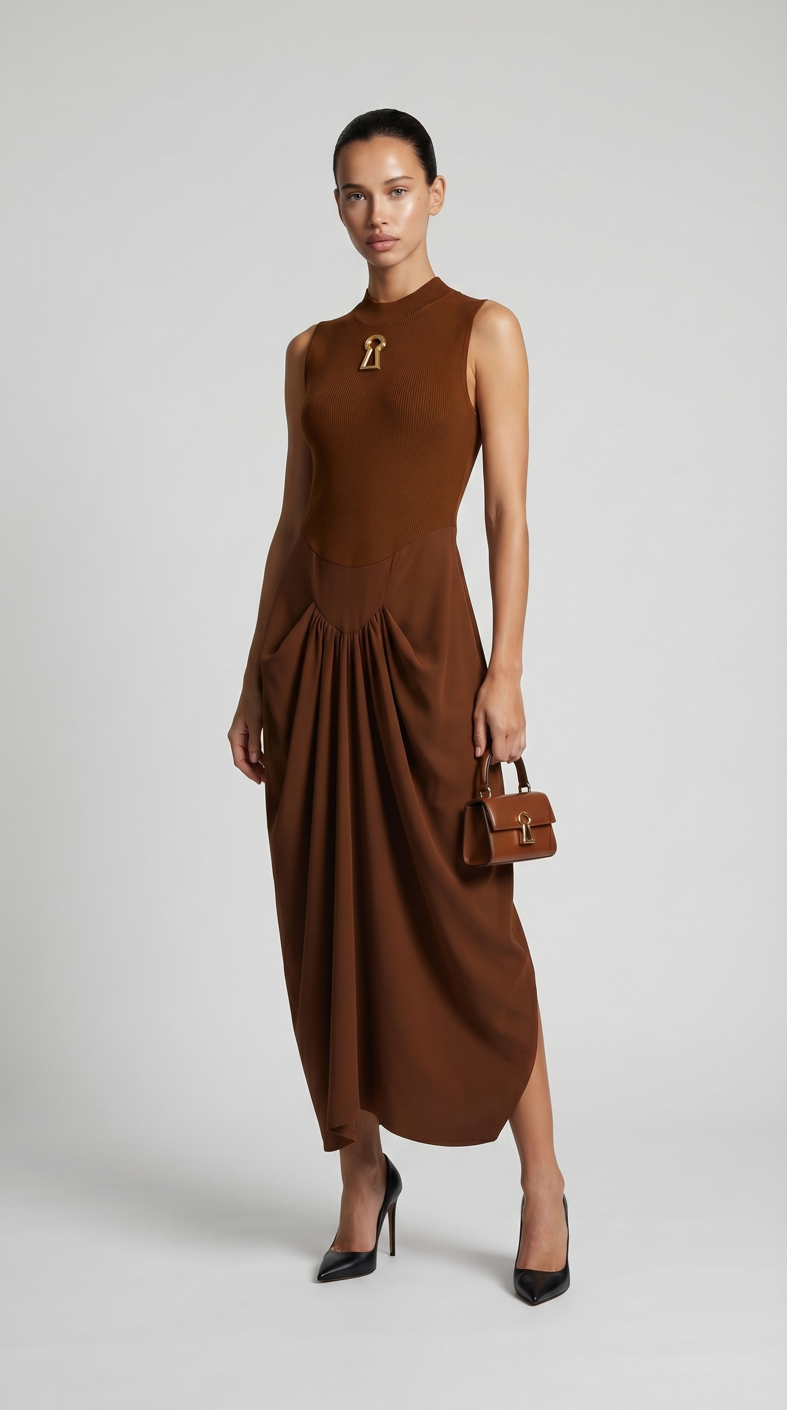 Alara - Keyhole-Detail Mixed Media Maxi Dress Brown