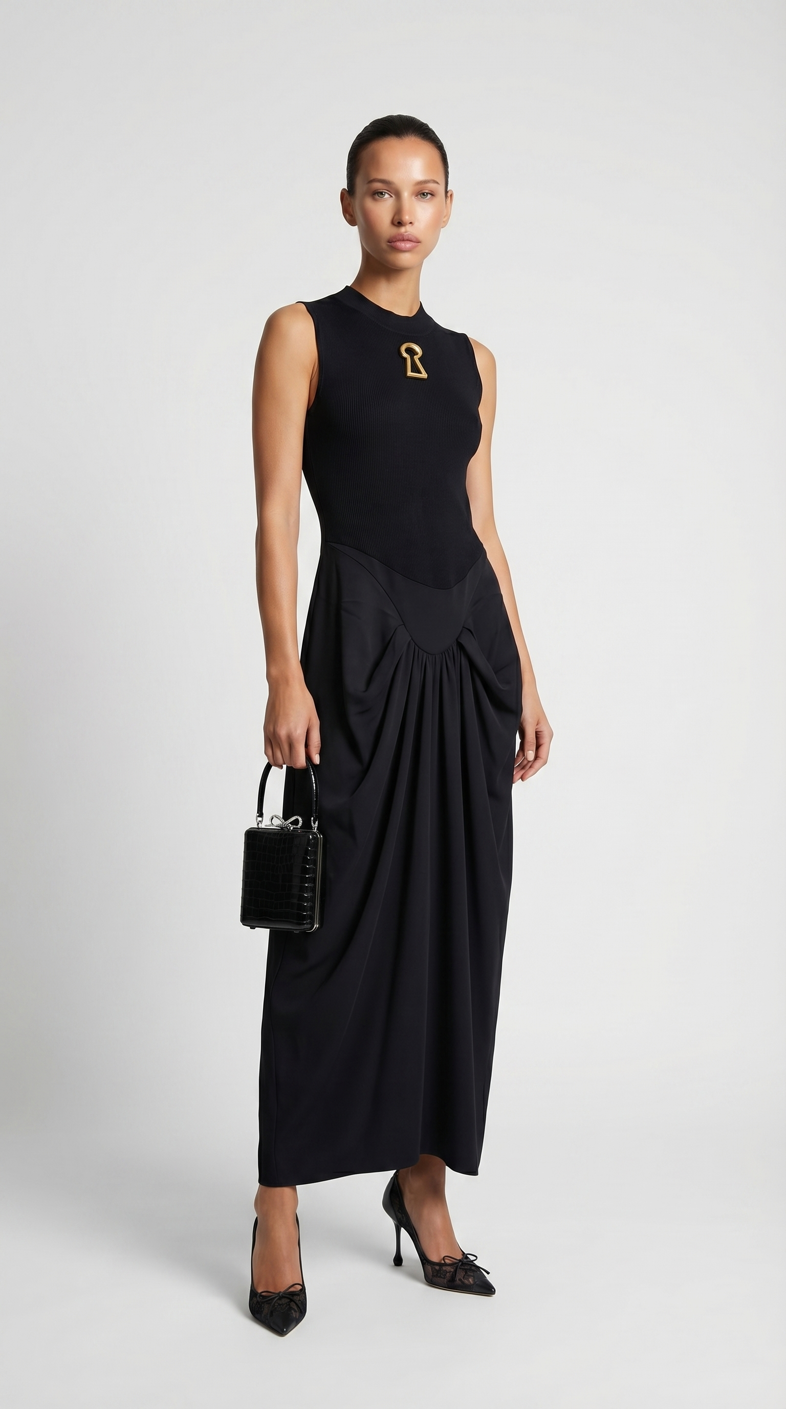 Alara - Keyhole-Detail Mixed Media Maxi Dress Black
