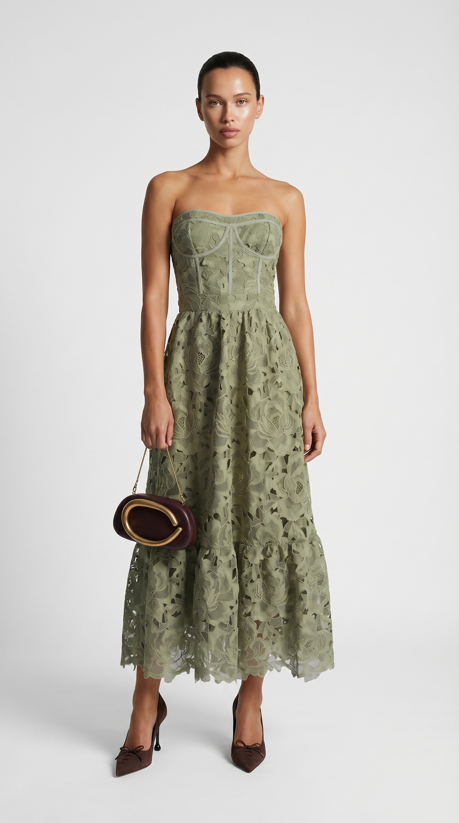 Ole - Strapless Guipure Lace Bustier Maxi Dress Green