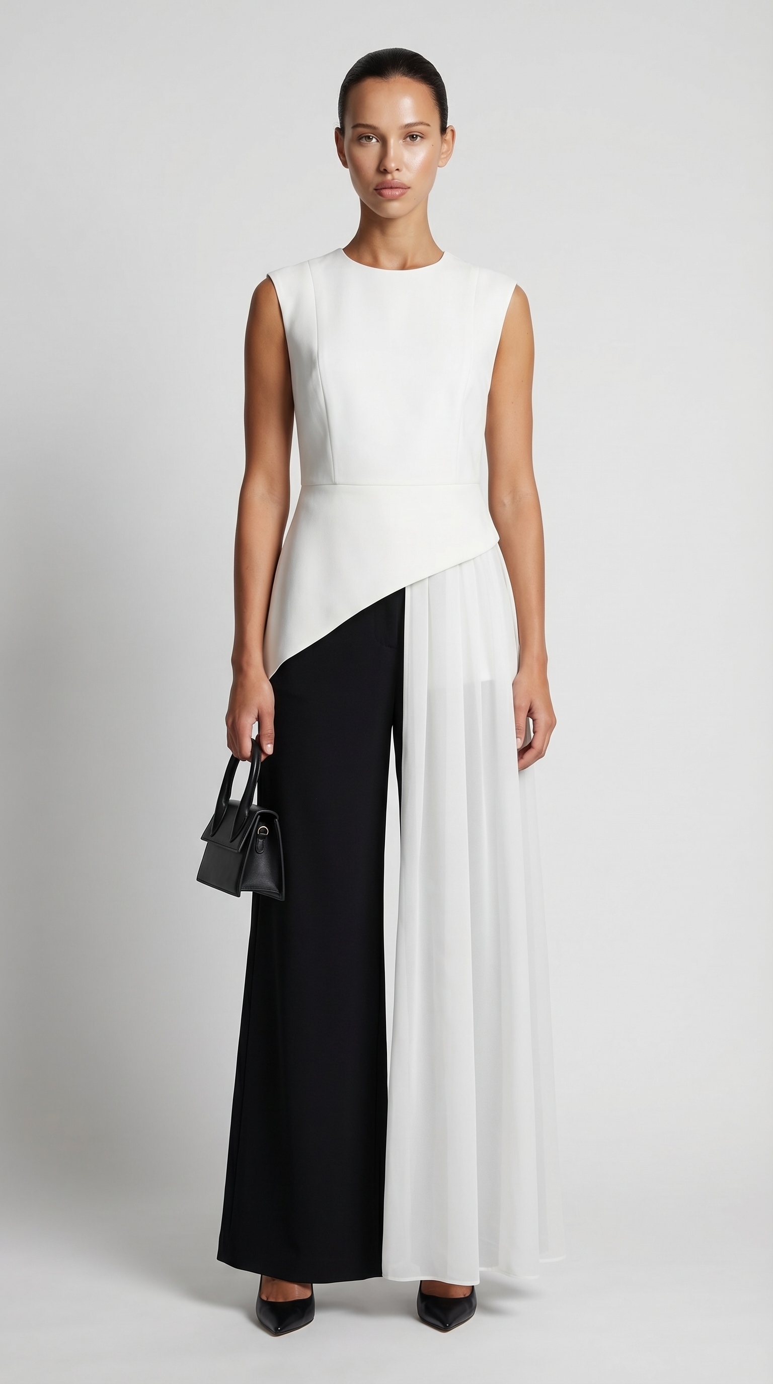 Mara - Asymmetrical Chiffon-Draped Peplum Top White