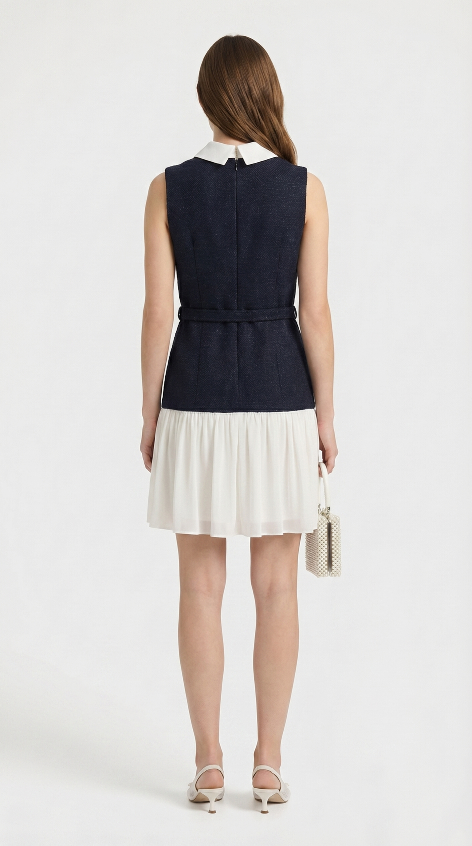 Bora - Belted Tweed & Pleated Chiffon Dress
