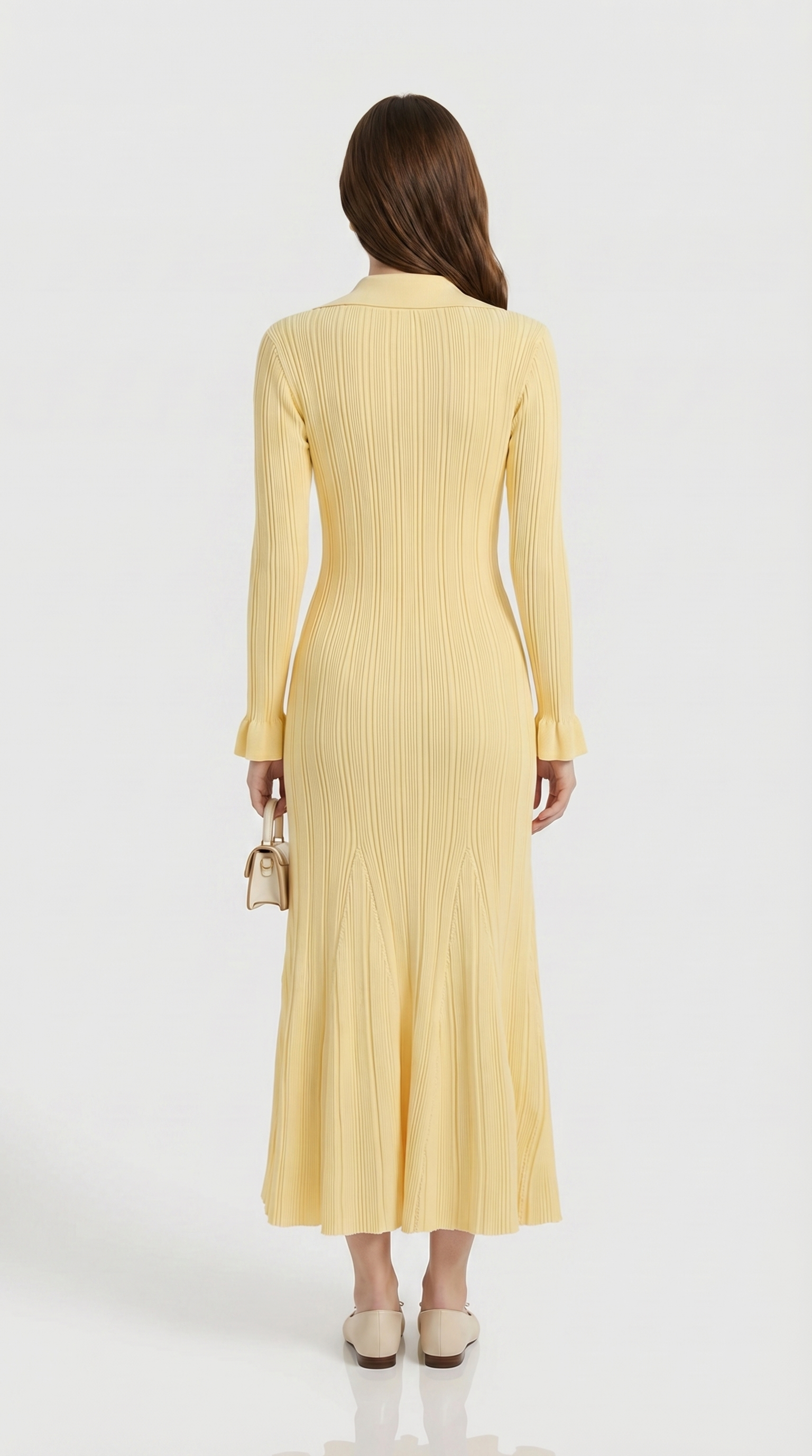 Kena - Ribbed Knit Button-Down Midi Dress Yellow