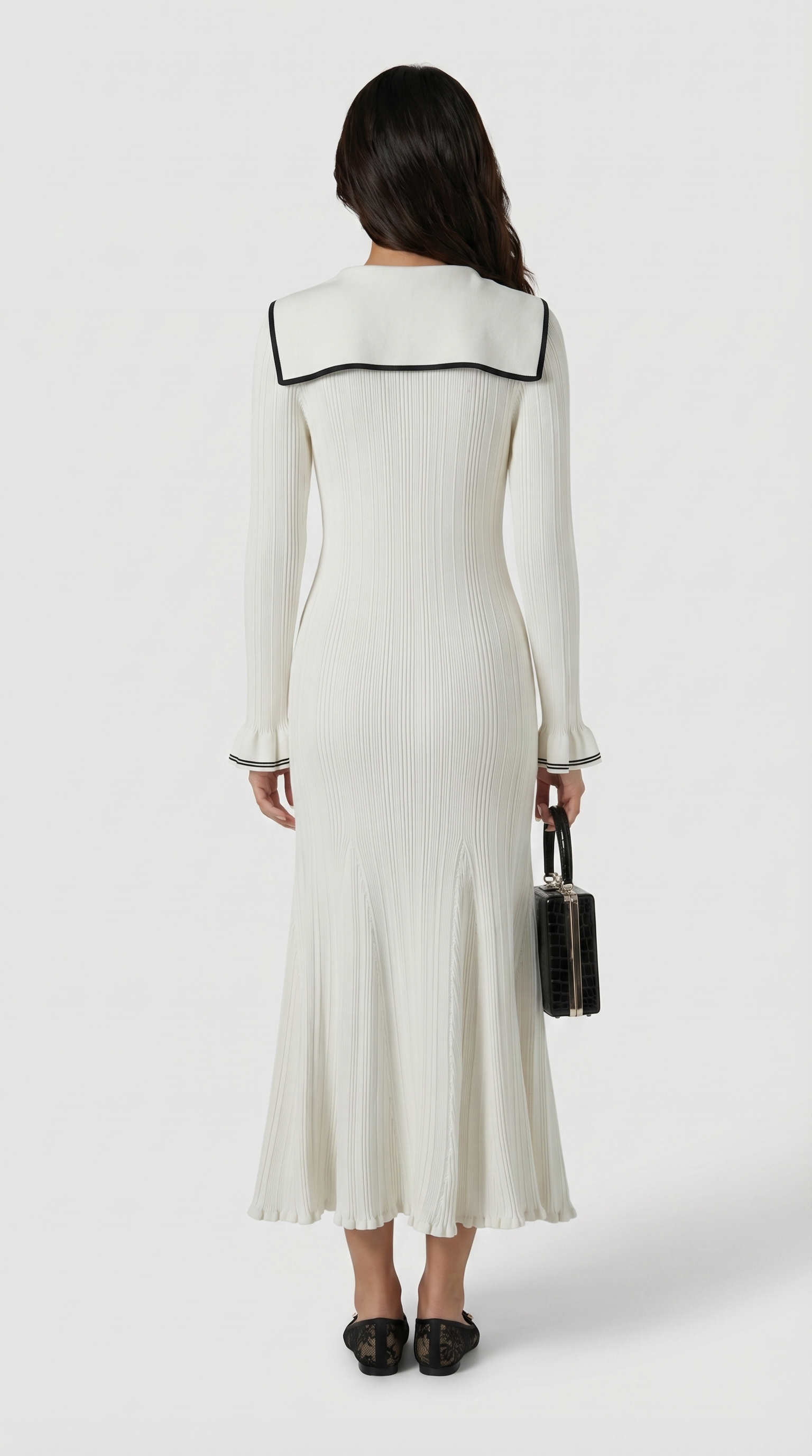 Lari - Ribbed Knit Sailor-Collar Maxi Dress White