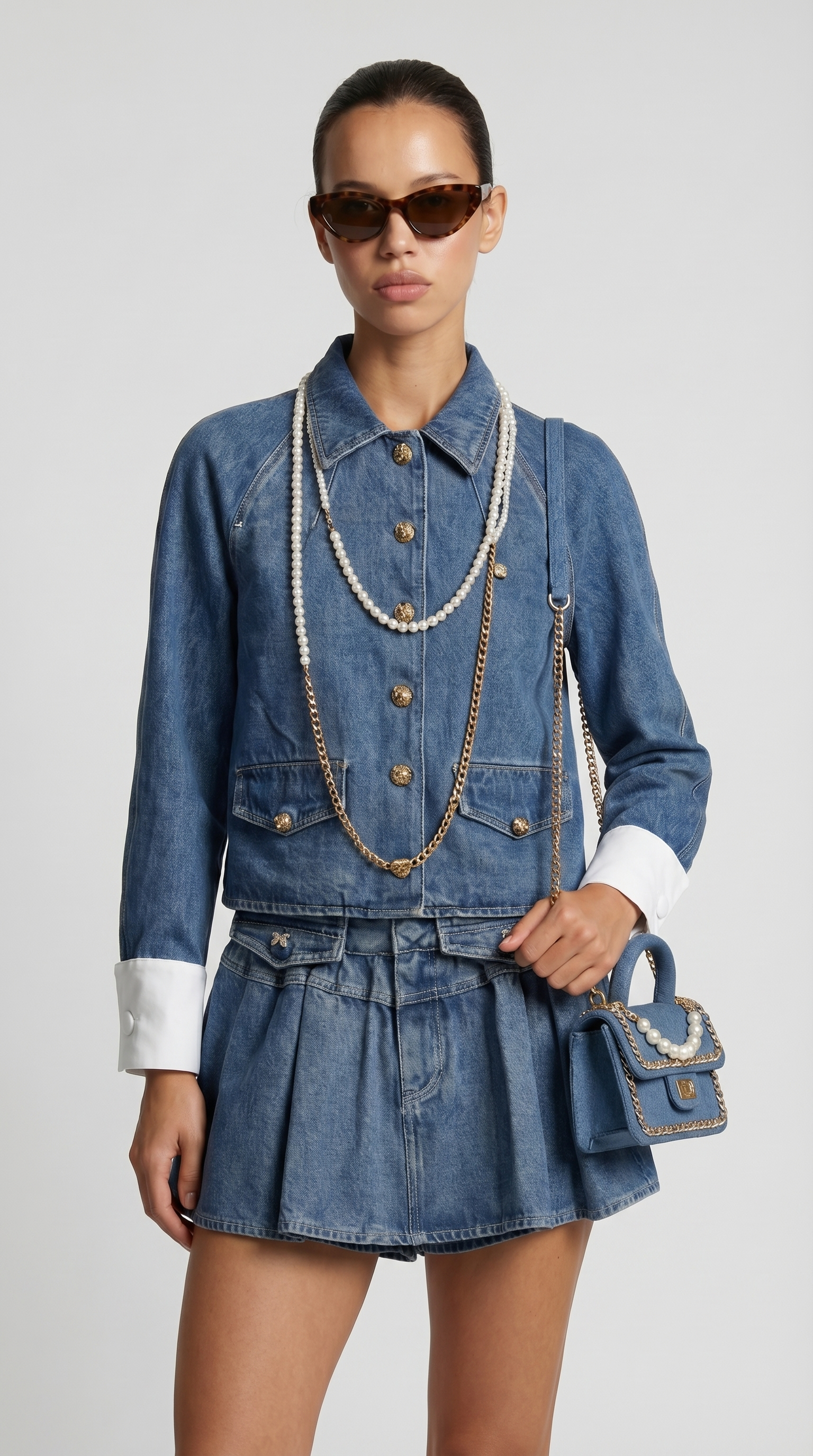 Oty - Contrast-Cuff Denim Jacket & Pleated Mini Skirt Set