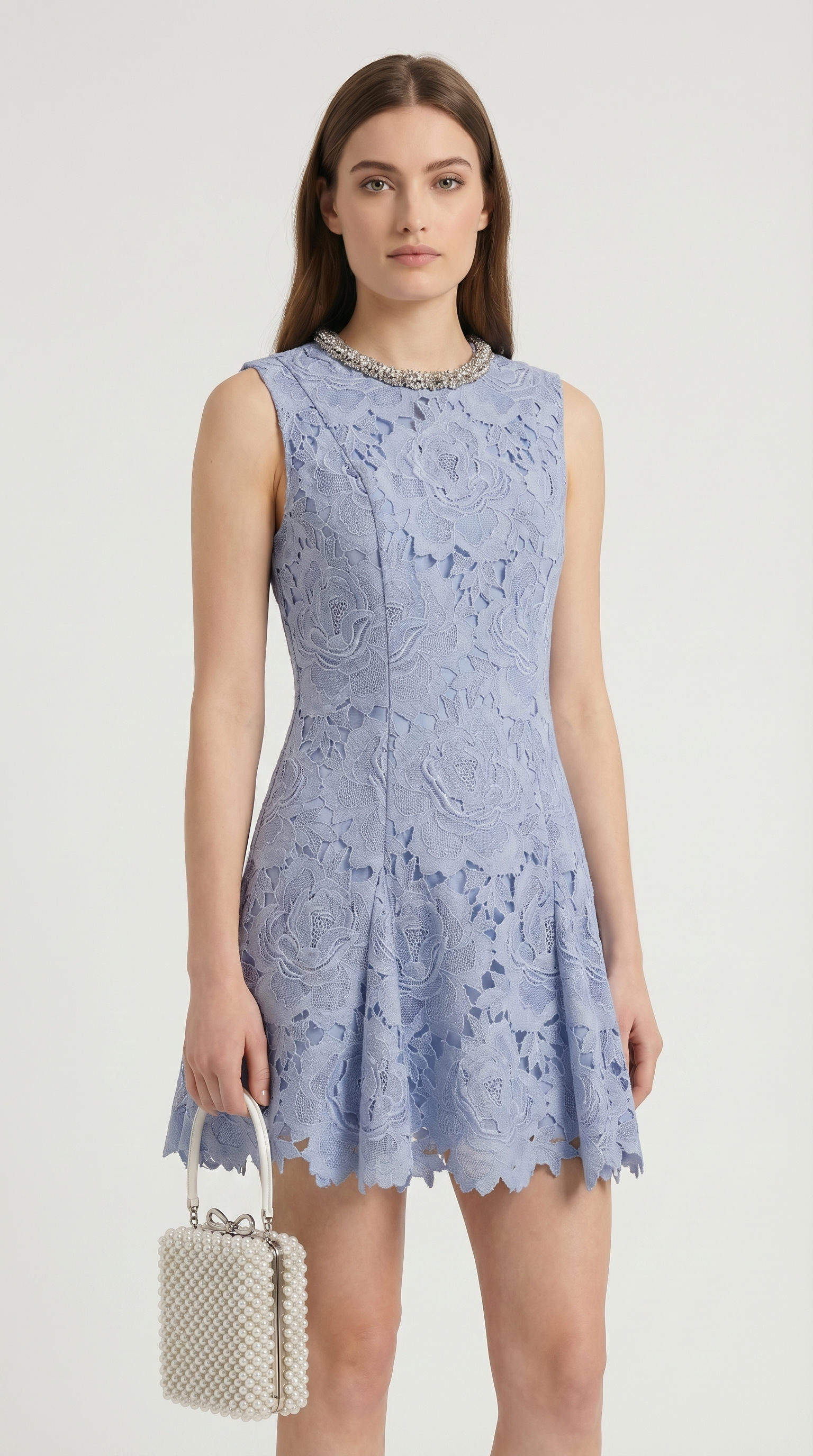 Asera - Crystal-Neckline Floral Guipure Lace Dress