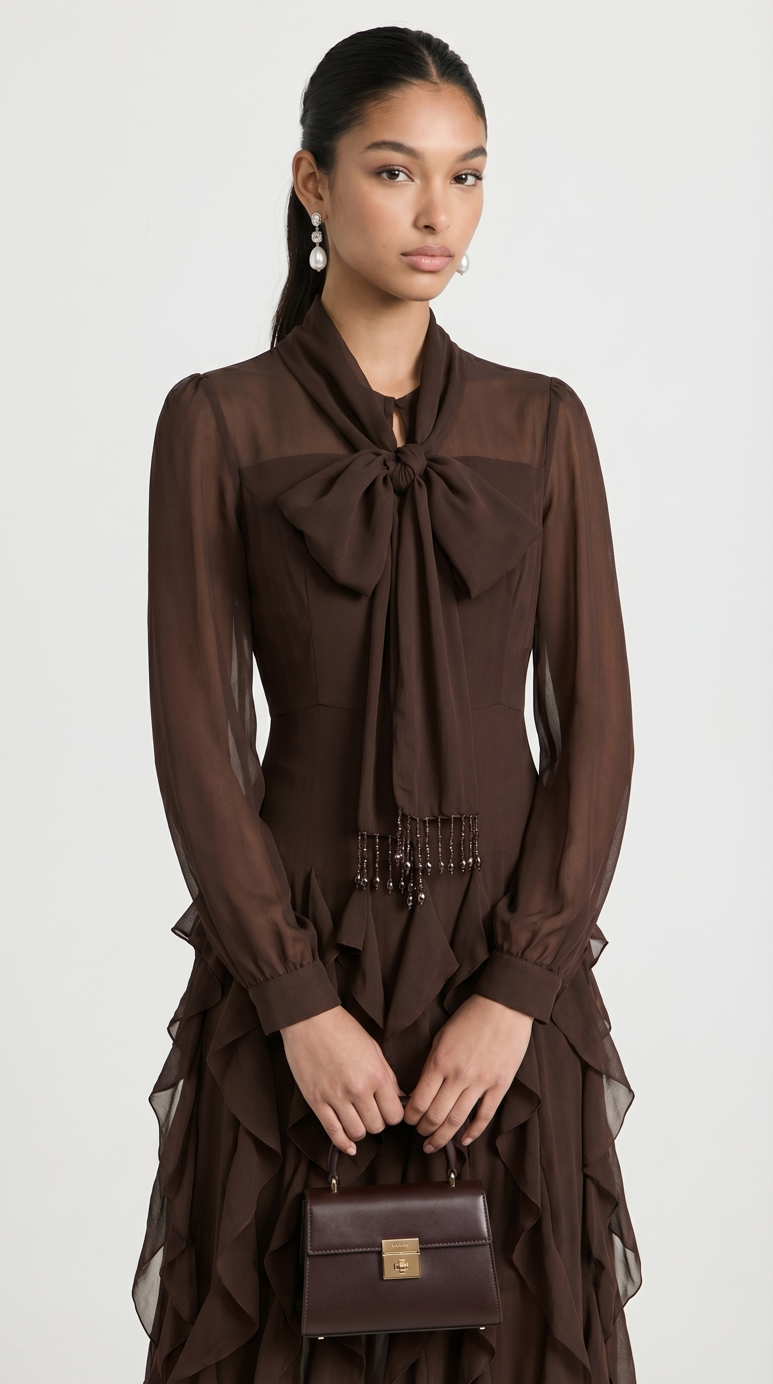 Zola - Robe longue à volants étagés et lavallière marron