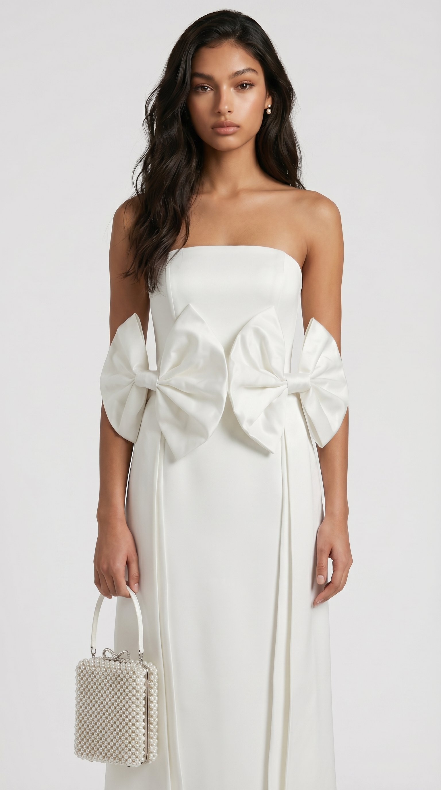 Keli - Dreifach-Schleifen trägerloses Säulen-Maxikleid Weiß