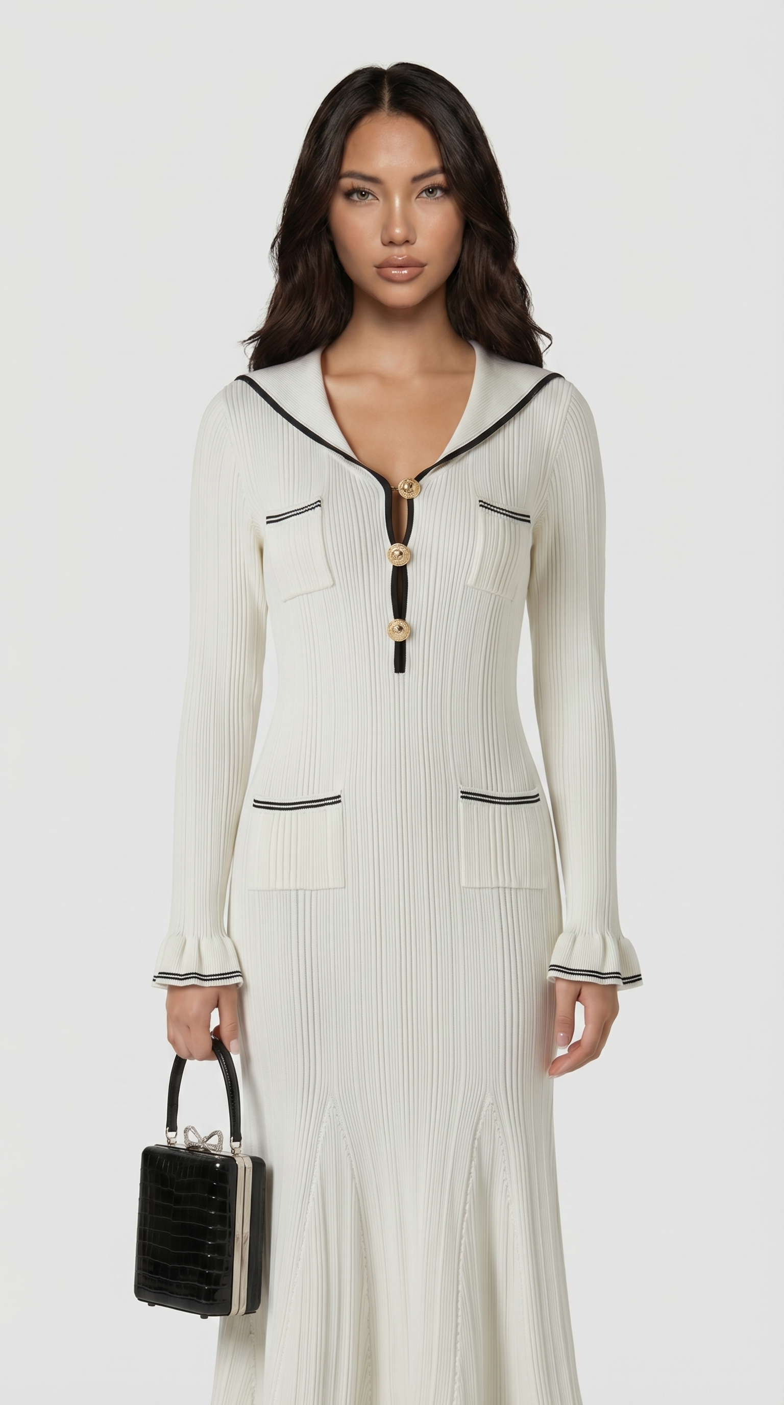 Lari - Ribbed Knit Sailor-Collar Maxi Dress White