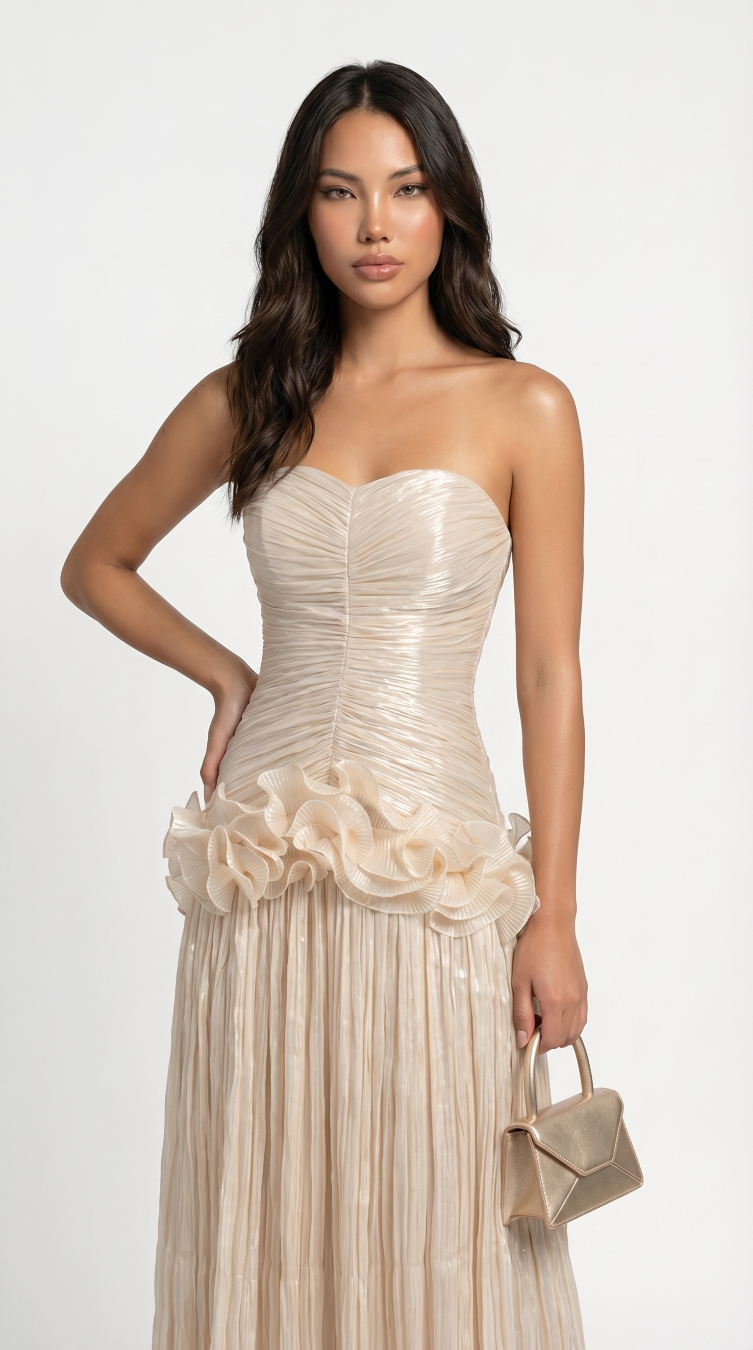 Miri - Metallic Faltenfreies Strapless Maxikleid Elfenbein