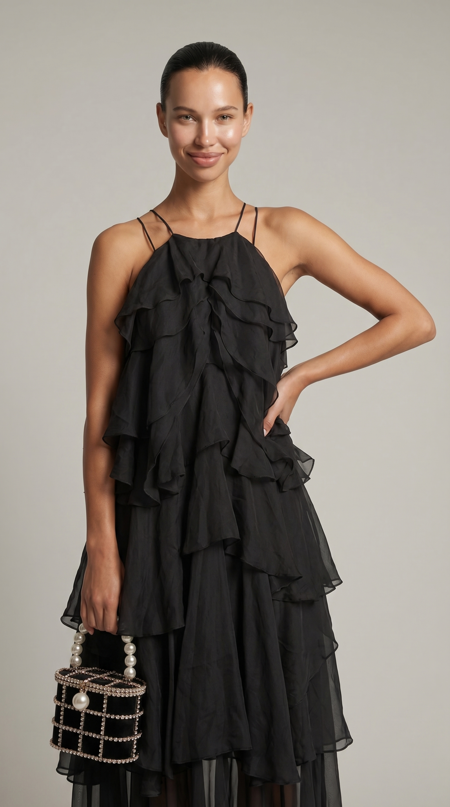 Zeli - Vestido maxi halter con volantes en capas negro