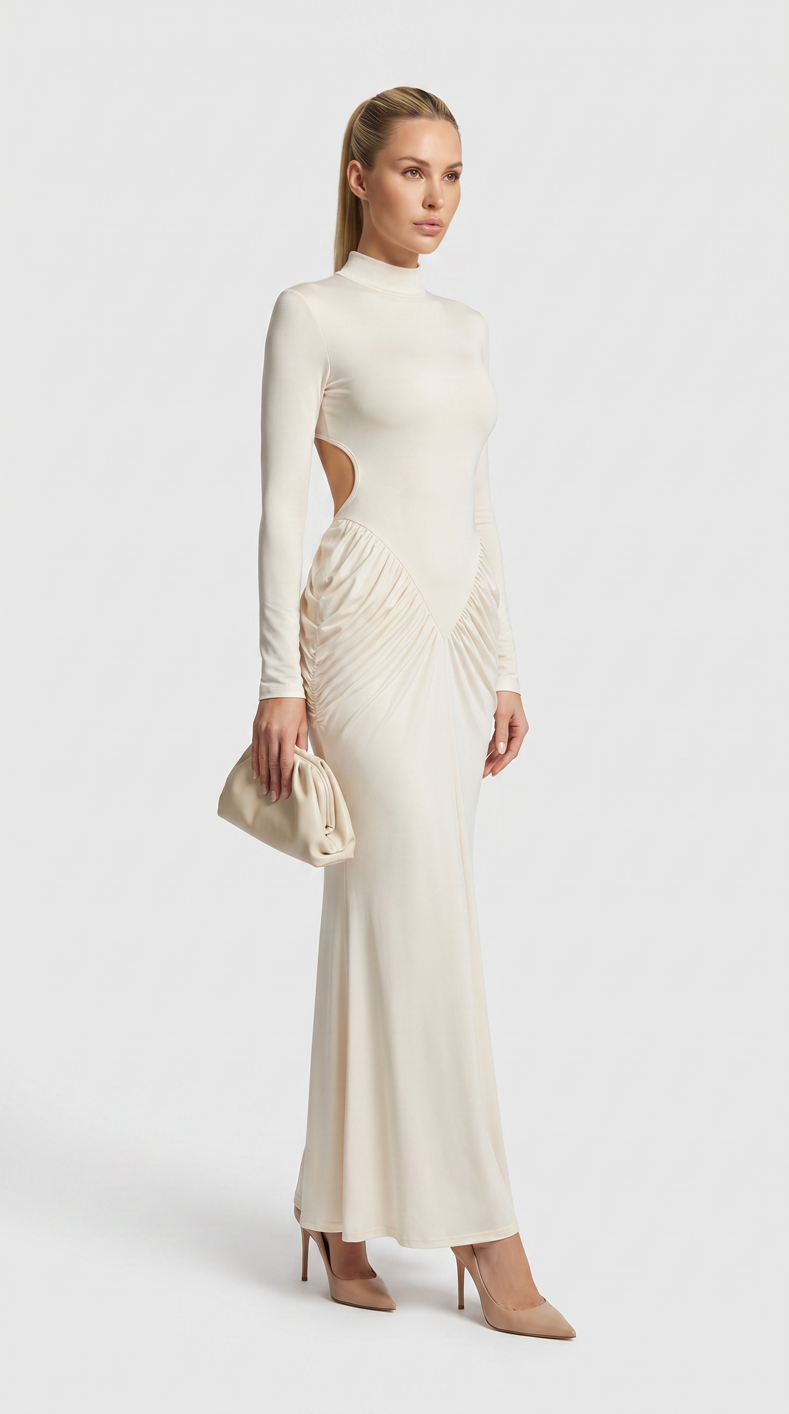 Aret - Ruched Cut-Out Mock-Neck Maxi Dress White