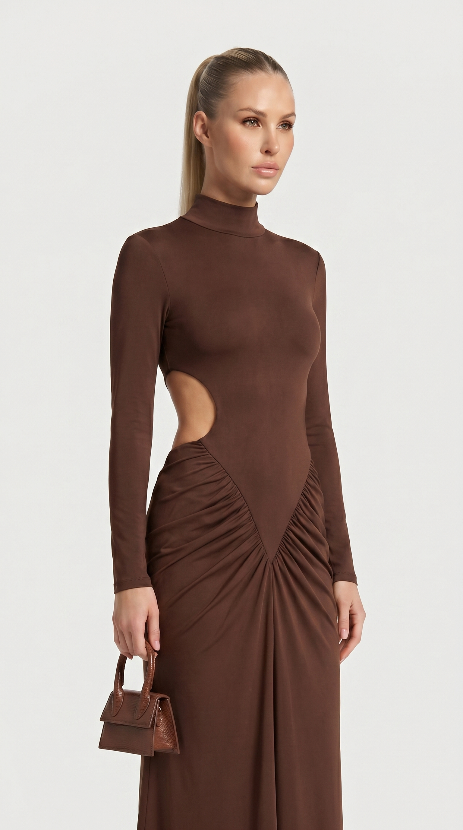 Aret - Raffung Cut-Out Mock-Neck Maxikleid Braun