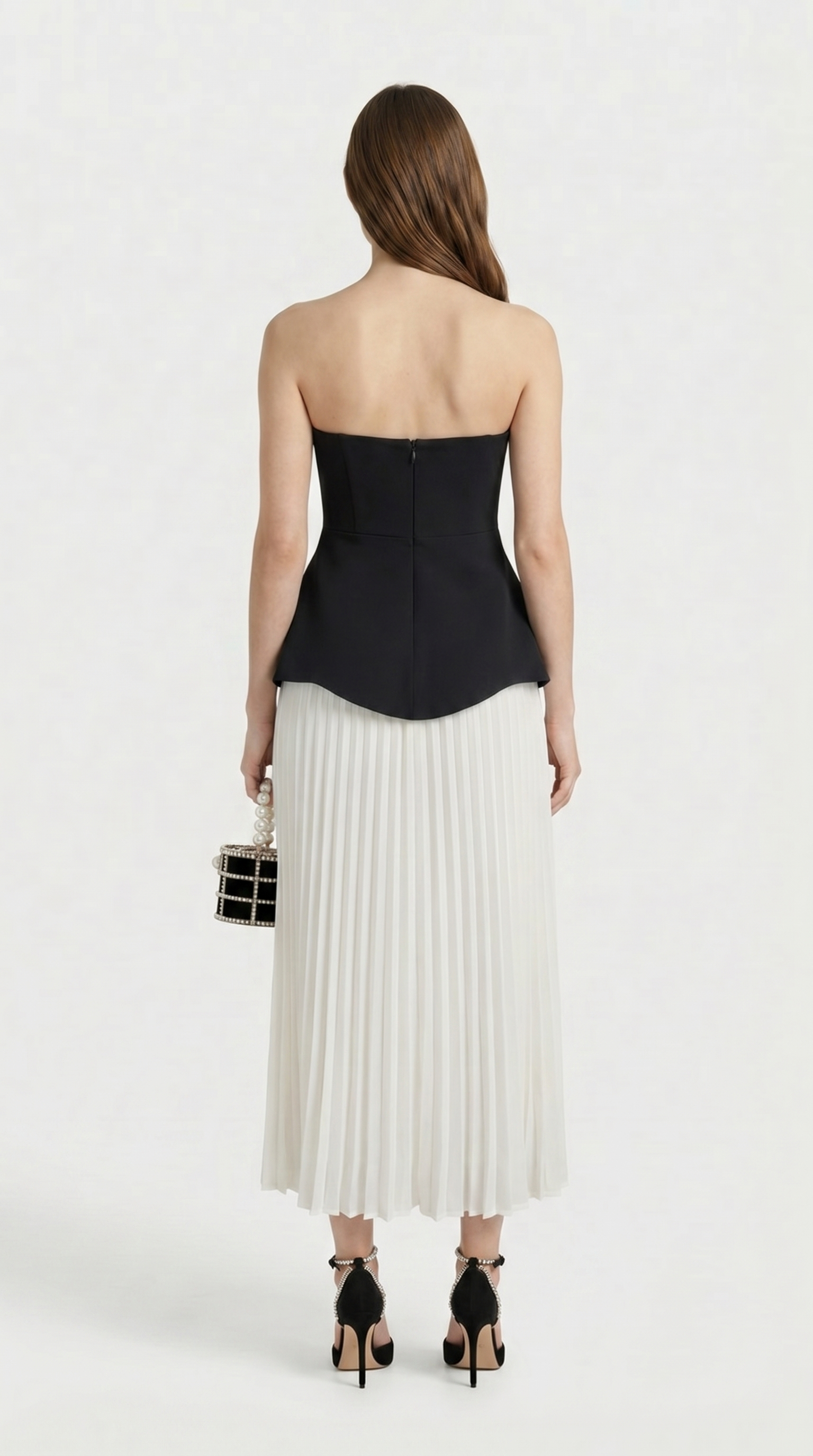 Oro - 3D Floral Peplum & Pleated Maxi Dress Black