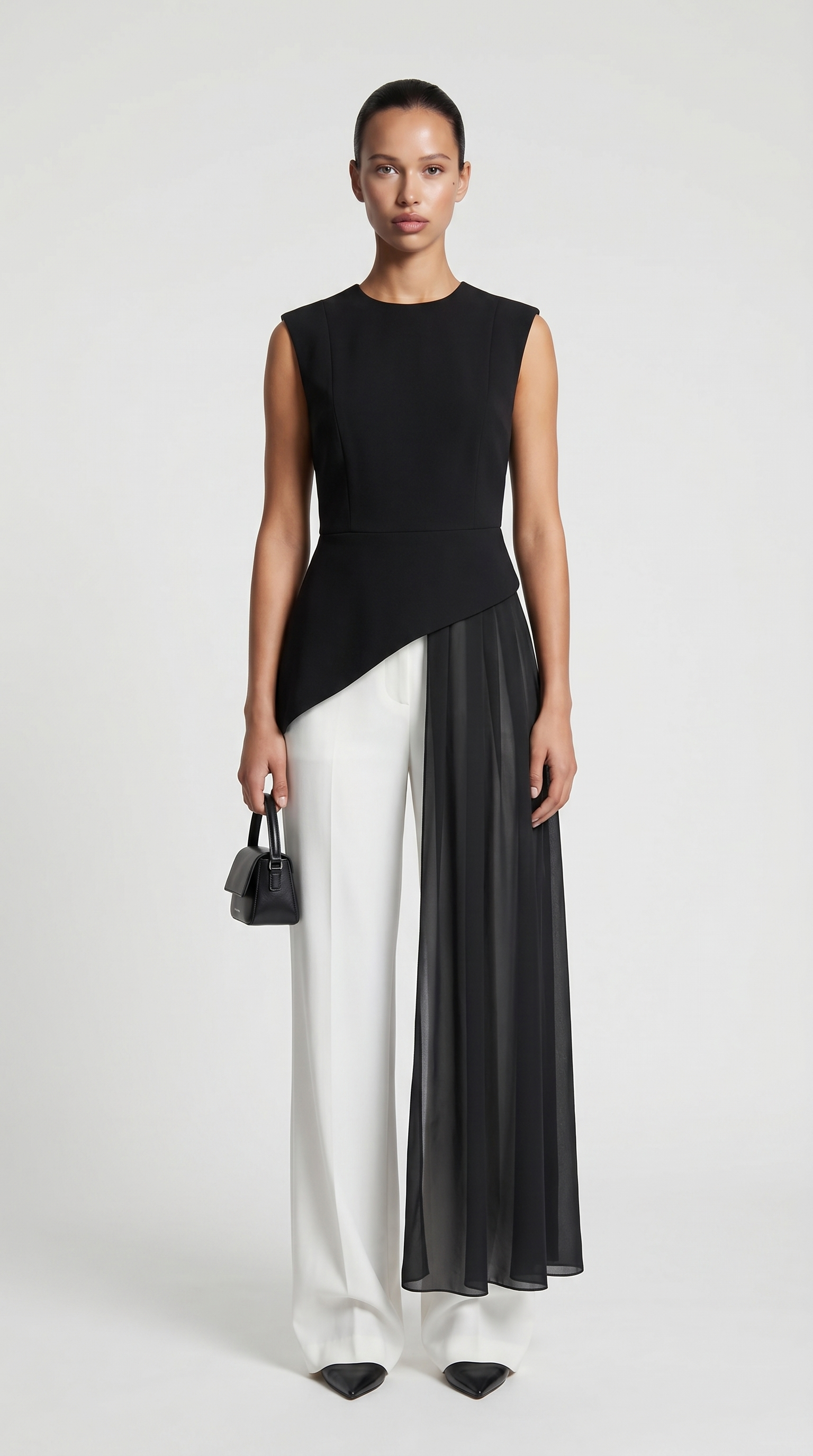 Mara - Asymmetrical Chiffon-Draped Peplum Top Black