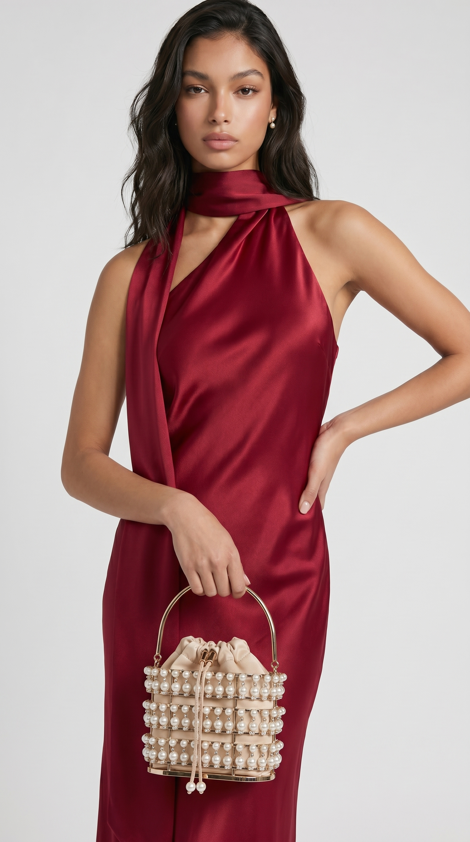 Iris - Elegant Ribbon Halter Satin Party Dress Wine Red