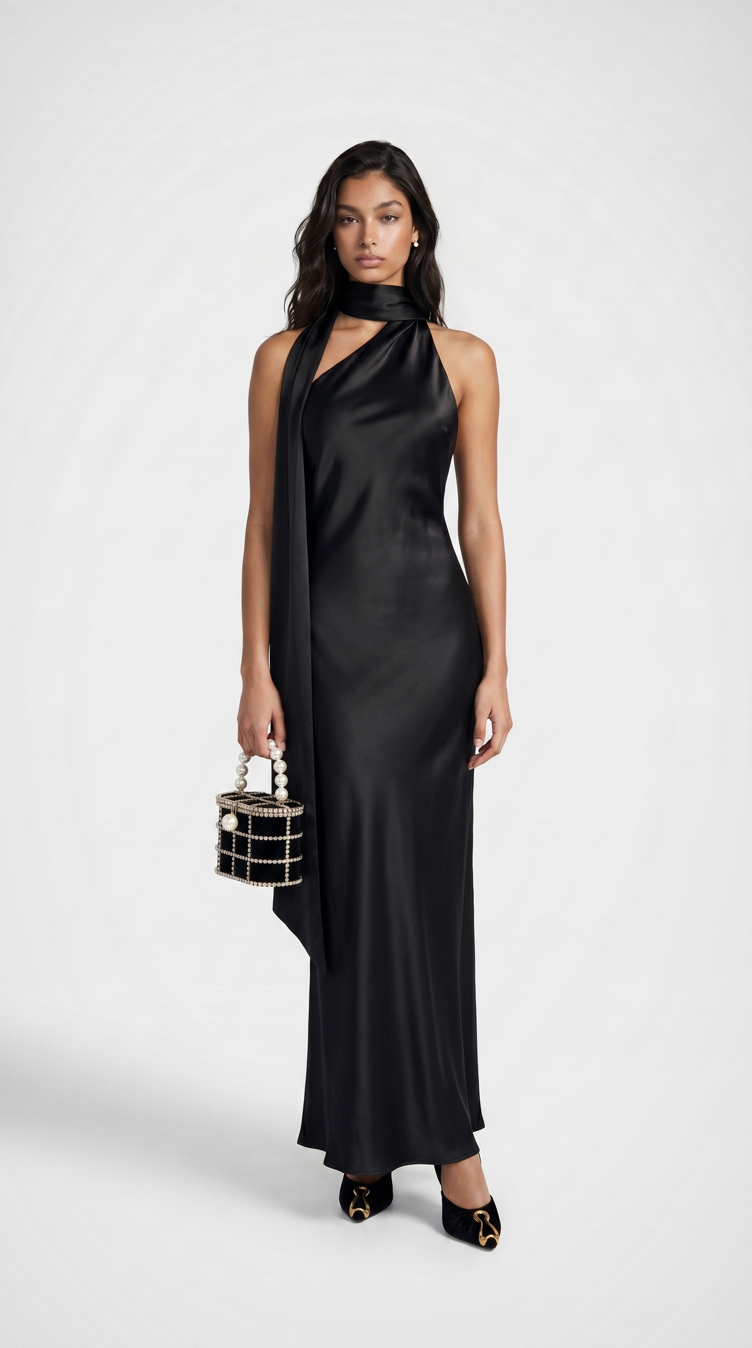 Iris - Elegantes Satin-Party-Kleid mit Band-Halter Schwarz