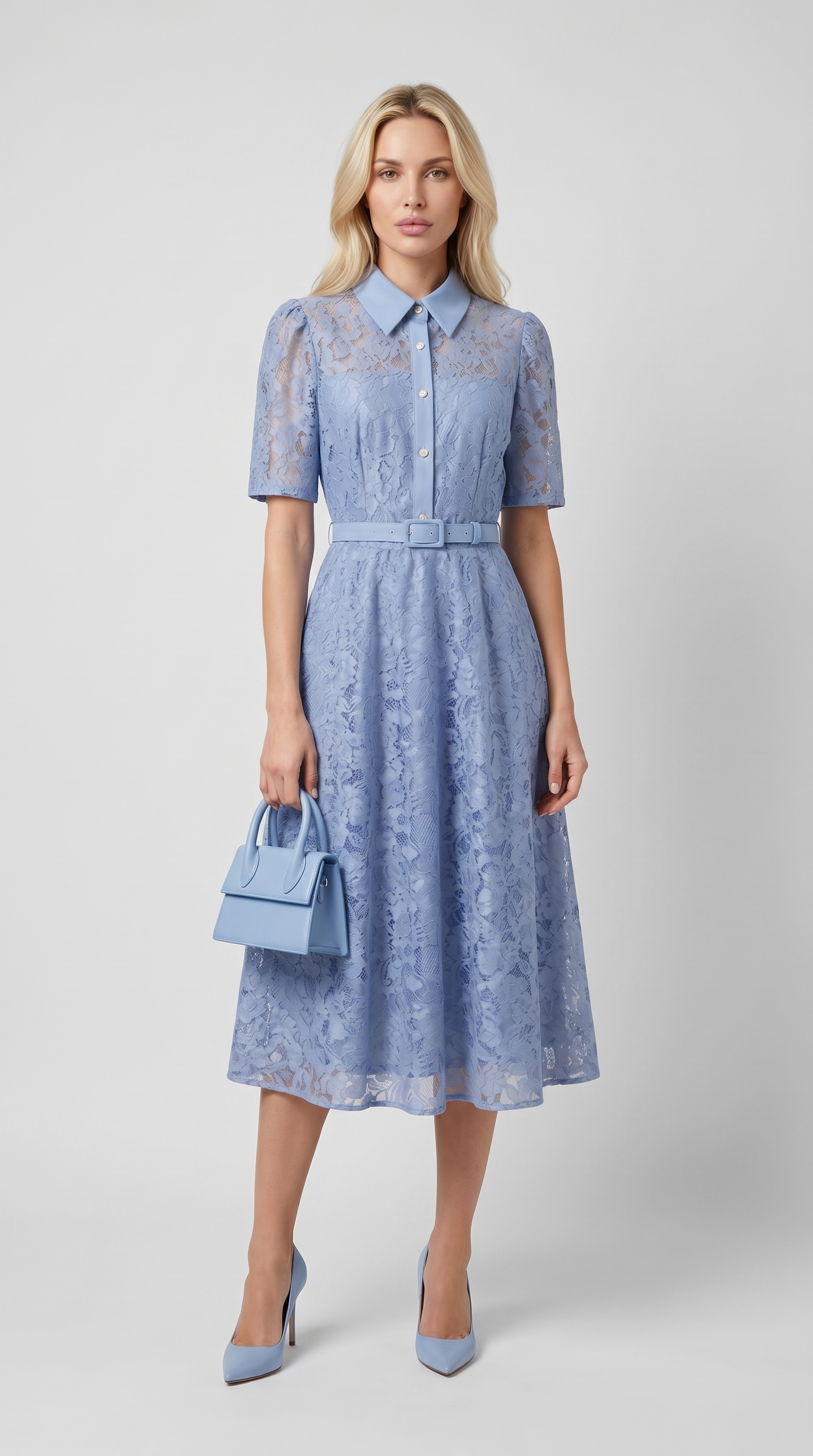 Alma - Belted Floral Lace Shirt Midi Dress