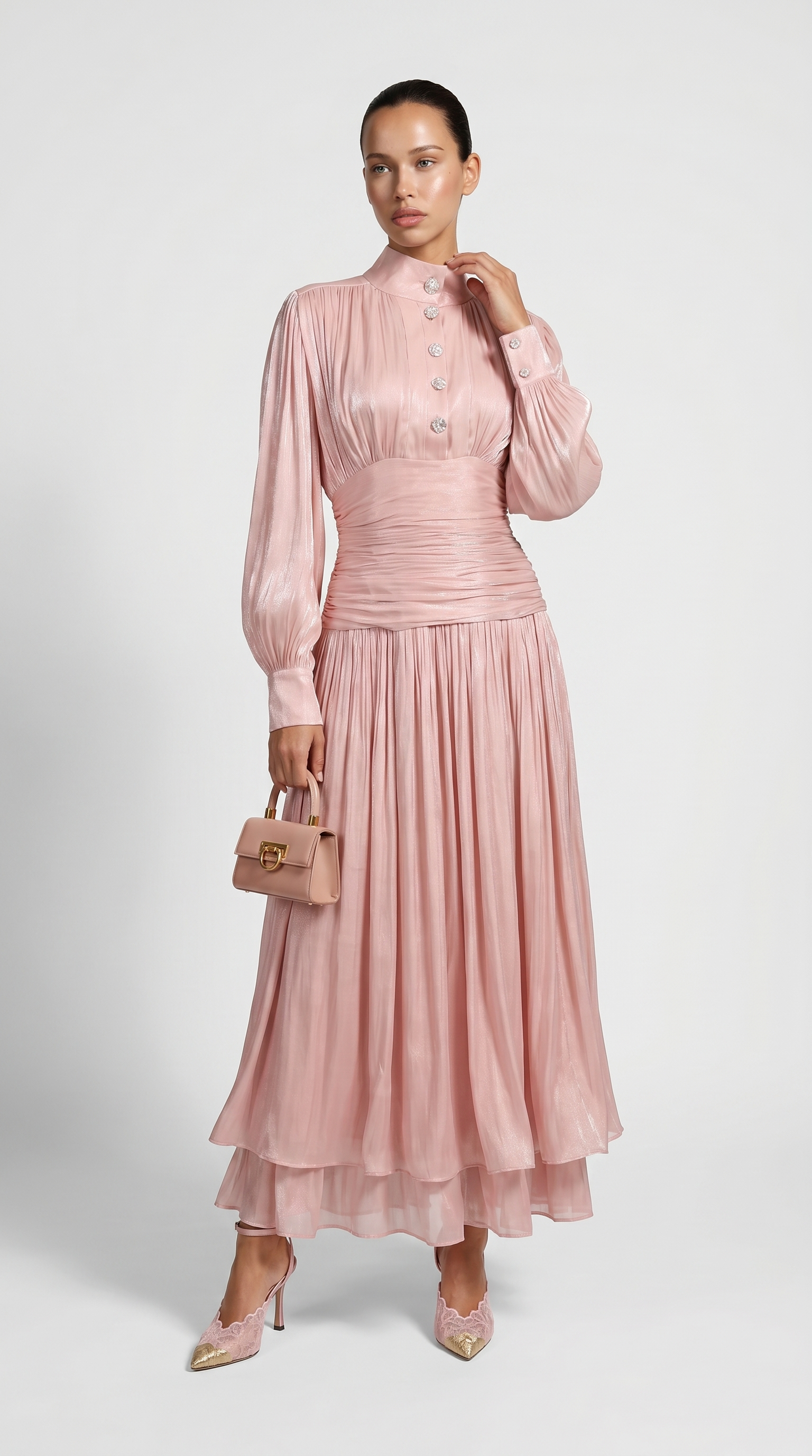 Sandra - Ruched High-Neck Plissé Maxi Gown