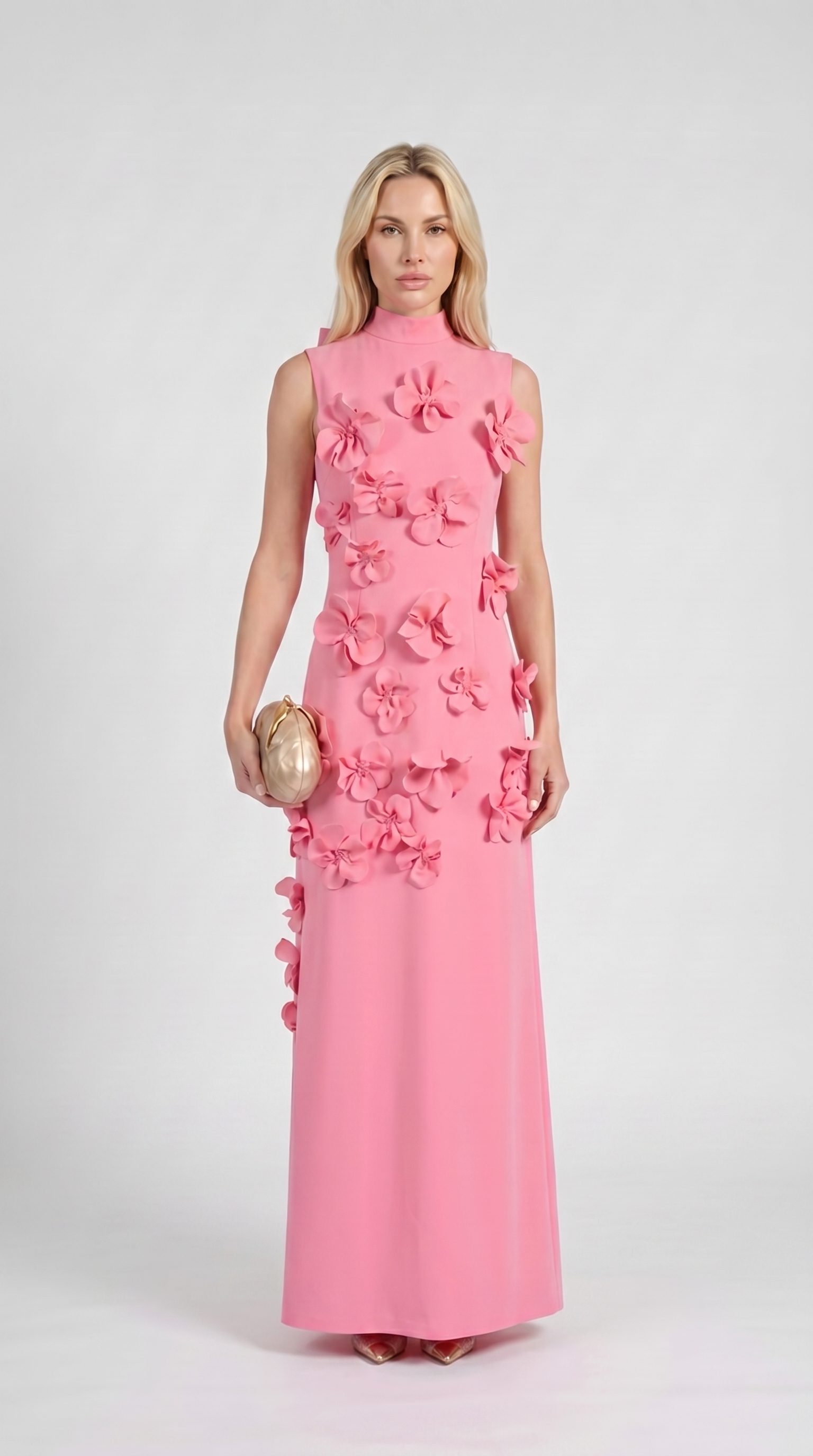 Conta - 3D Floral Appliqué Mock-Neck Maxi Gown Pink