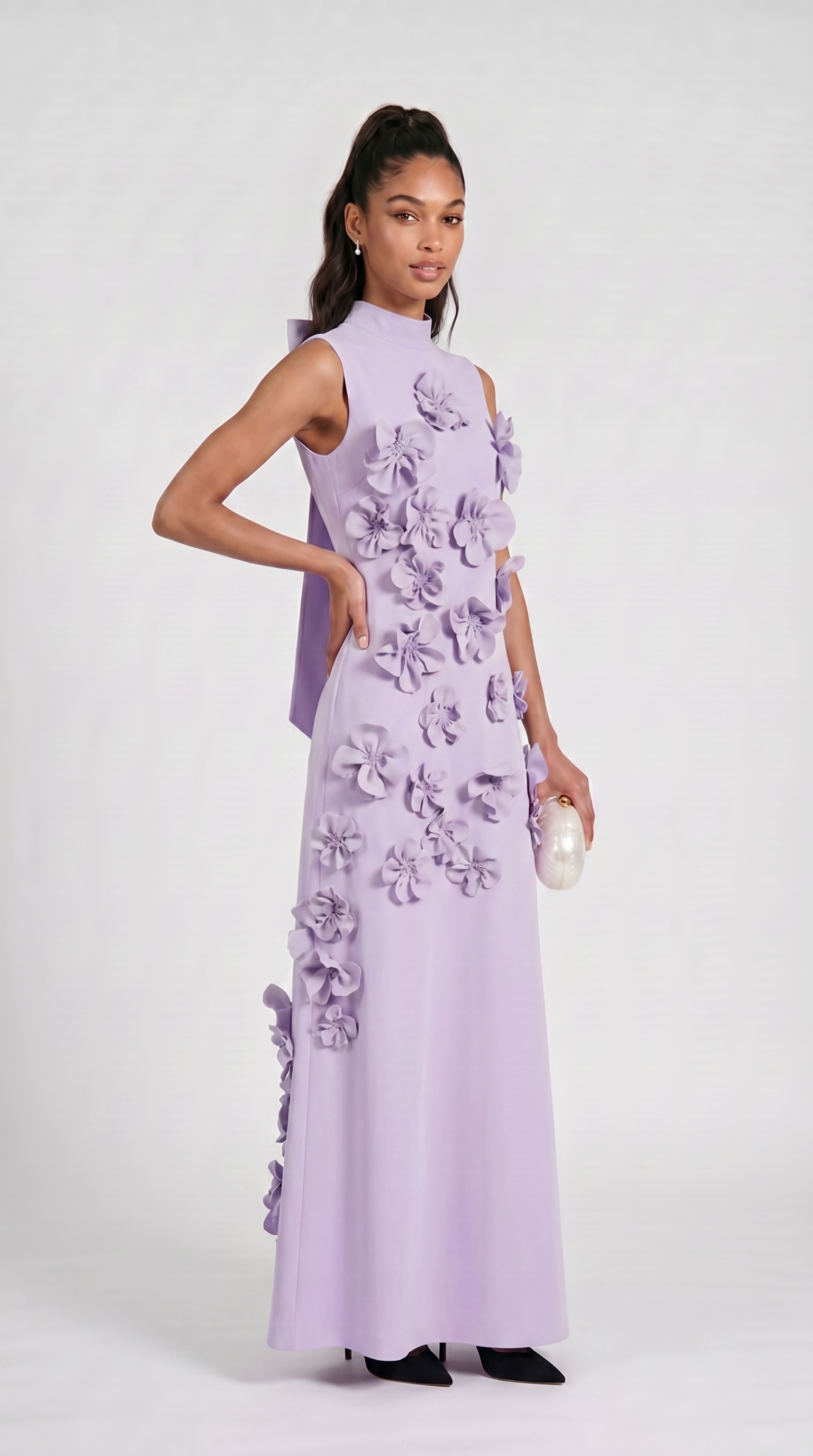 Conta - 3D Floral Appliqué Mock-Neck Maxi Gown Blue