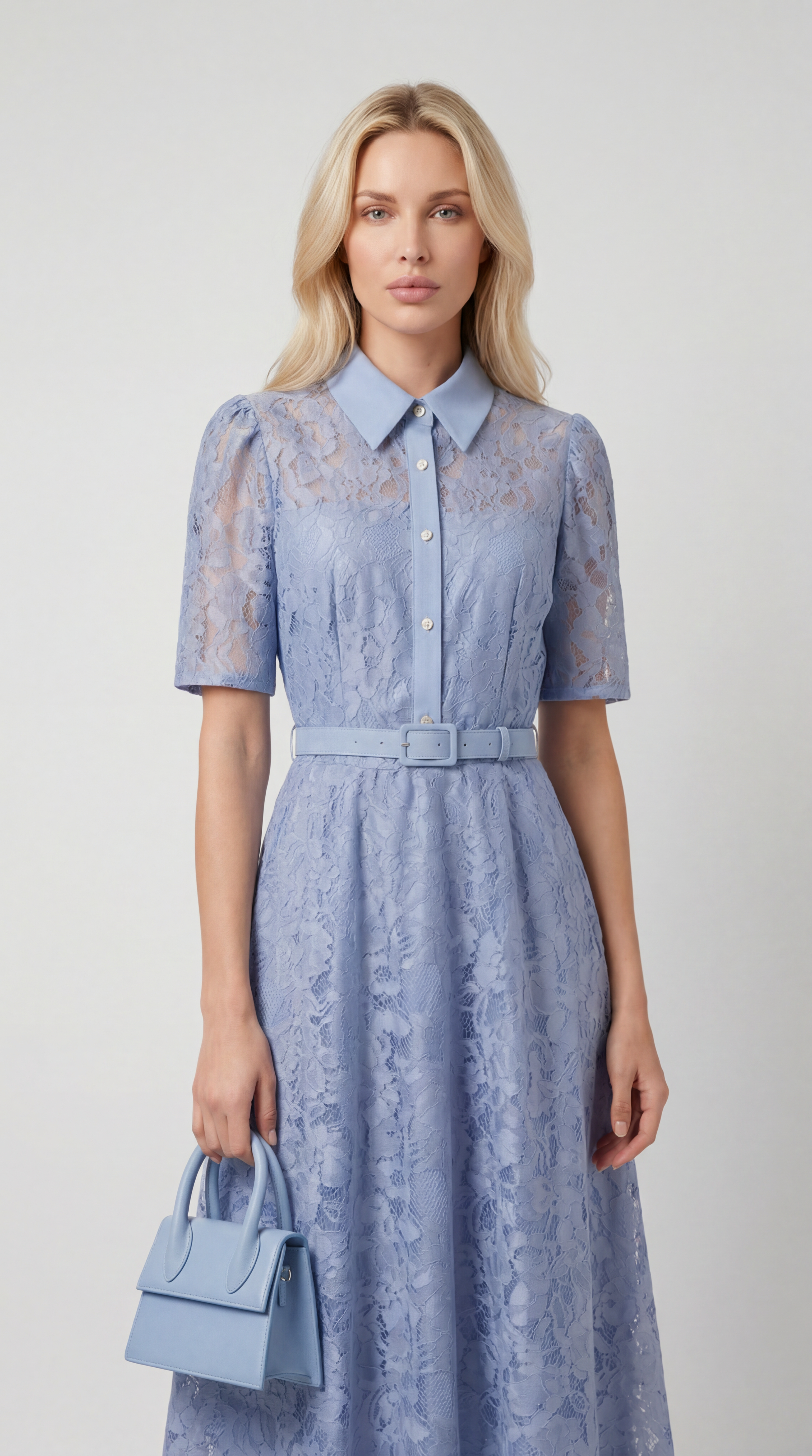 Alma - Belted Floral Lace Shirt Midi Dress