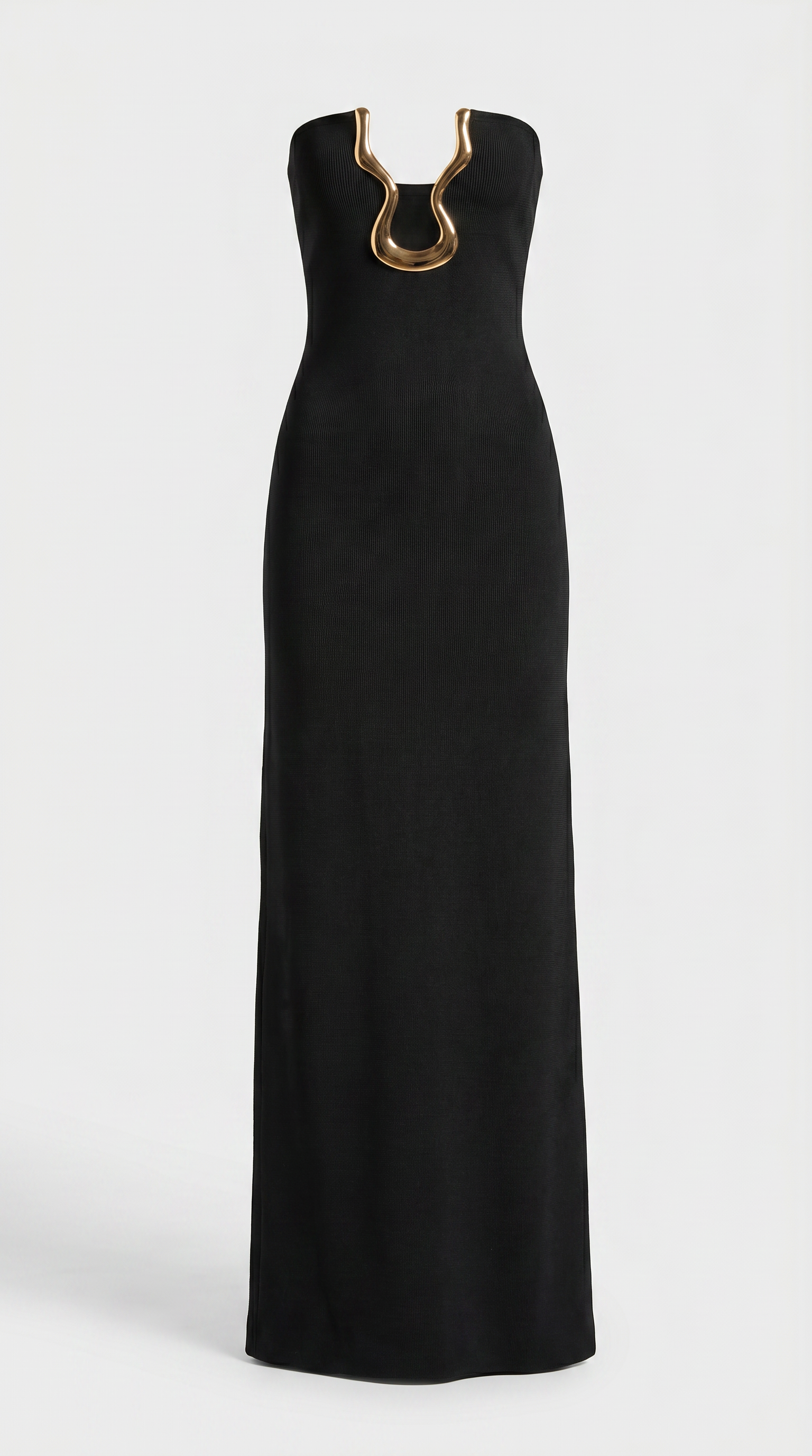 Soleil - Robe longue bustier sculpturale dorée en U