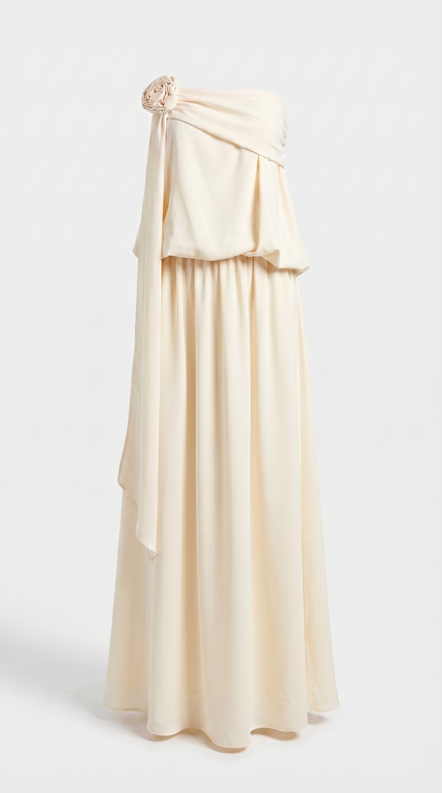 Mora - Strapless Draped Rosette Maxi Gown