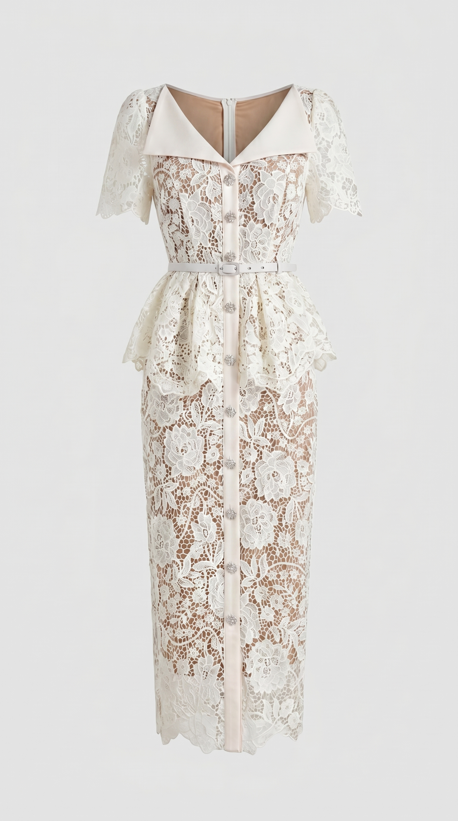 Kaza - Belted Peplum Lace Midi Dress